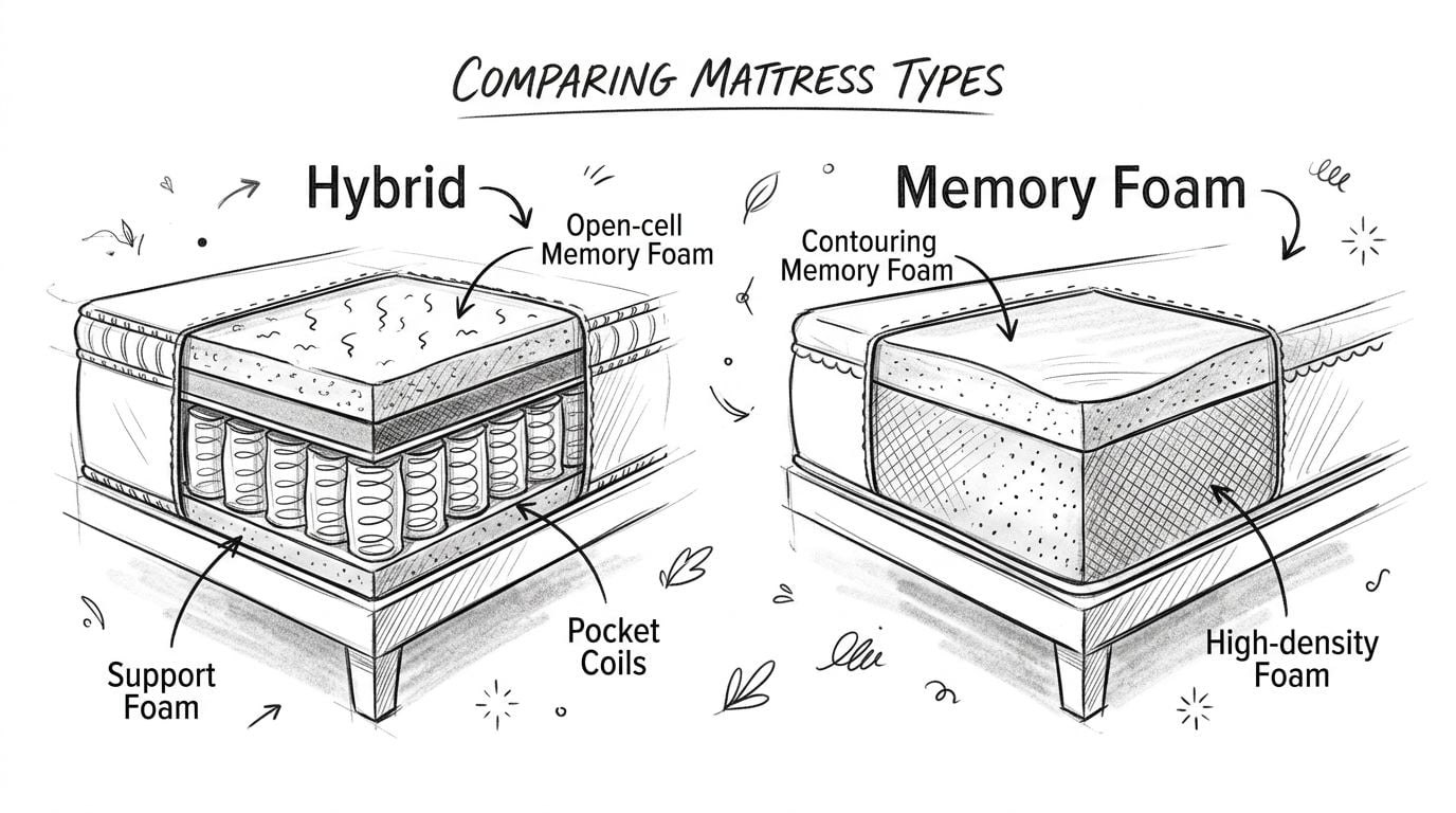 A line drawing illustration comparing the internal layer structures of hybrid and memory foam mattresses.