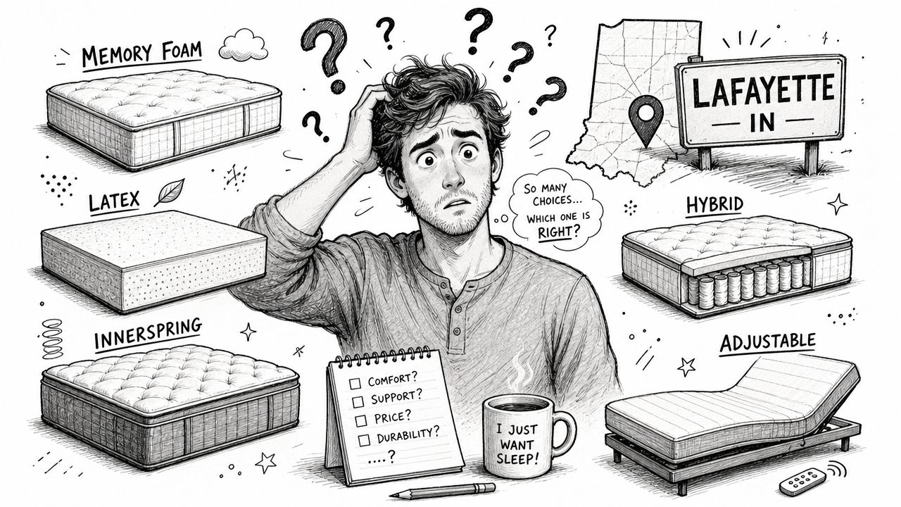 A confused person deciding between various mattress types like memory foam, latex, hybrid, and adjustable beds.