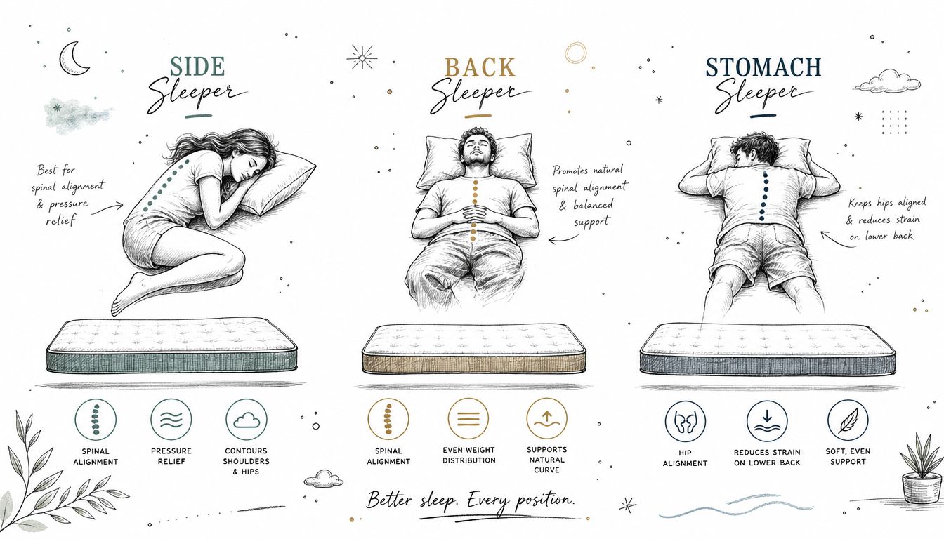An infographic showing three sleeping positions and their benefits for spinal alignment and body support.