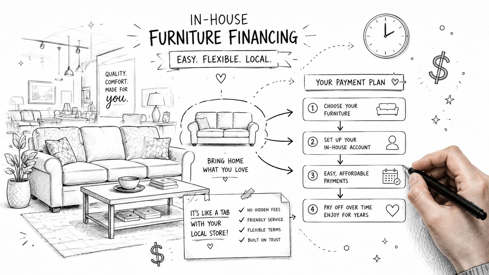 A hand-drawn illustration showing the steps for easy, flexible in-house furniture financing at a local store.