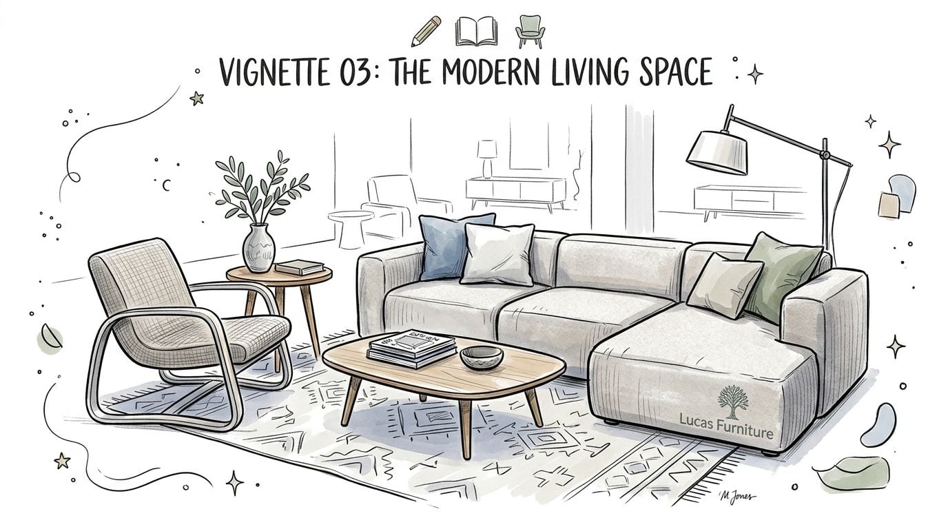 A hand-drawn sketch of a contemporary living room featuring a sectional sofa, armchair, coffee table, and rug.