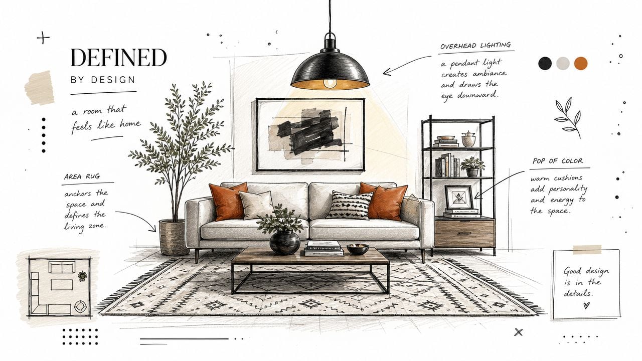 A detailed architectural sketch of a living room layout with furniture, decor, and professional design annotations.
