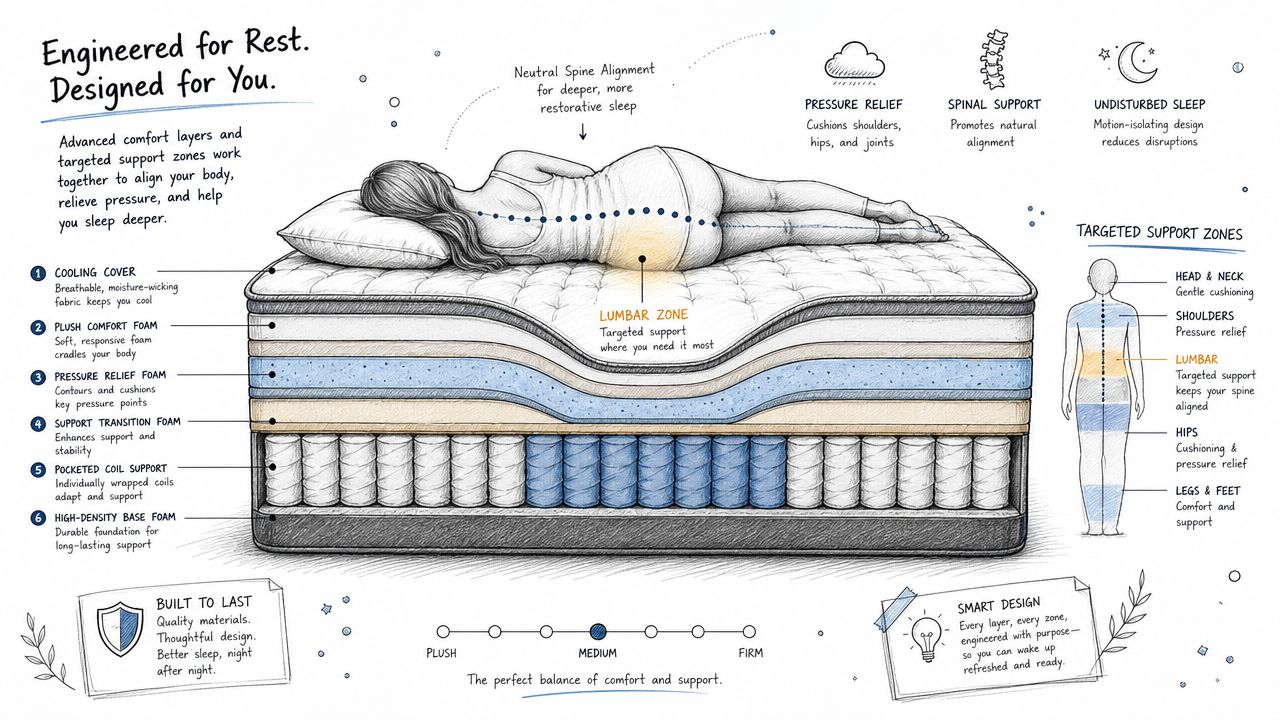 A detailed cross-section diagram of a mattress showing foam layers and support zones for spinal alignment.