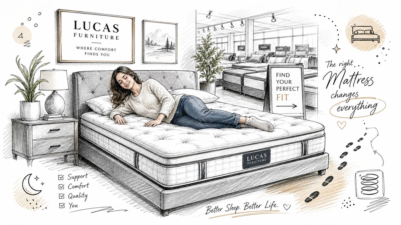 A hand-drawn illustration of a woman comfortably lying on a mattress in a furniture showroom store.