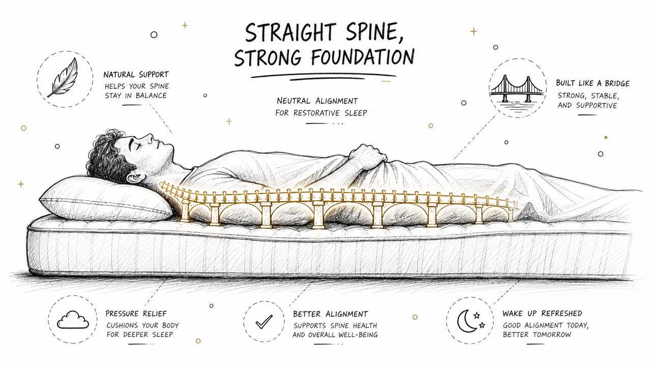 A diagram illustrating how a mattress provides spinal alignment for a back sleeper using a bridge metaphor.