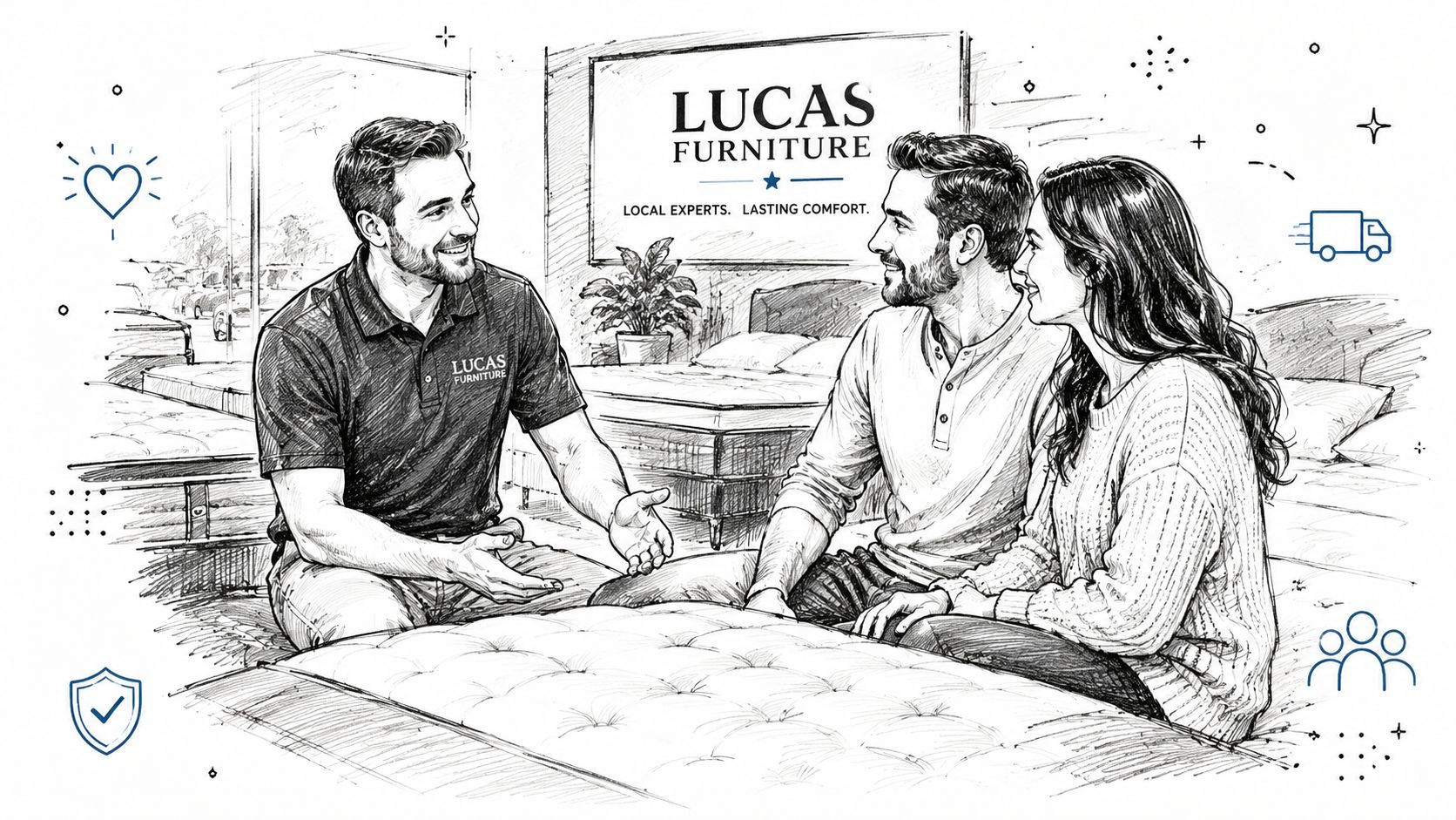A store associate explains memory foam mattress benefits to a smiling couple sitting in a showroom.