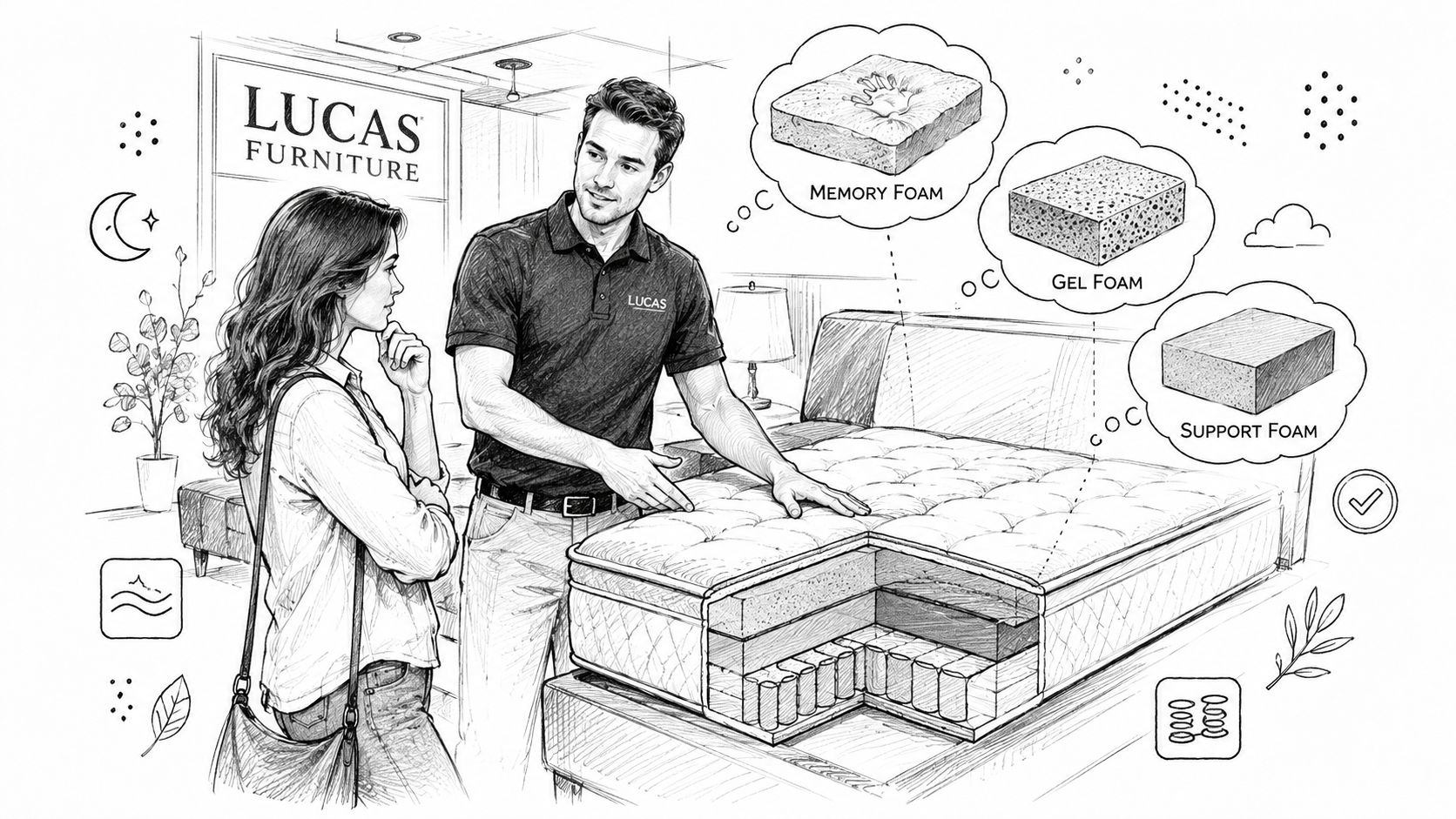 A store associate explains the multiple foam layers and construction of a mattress to a customer.