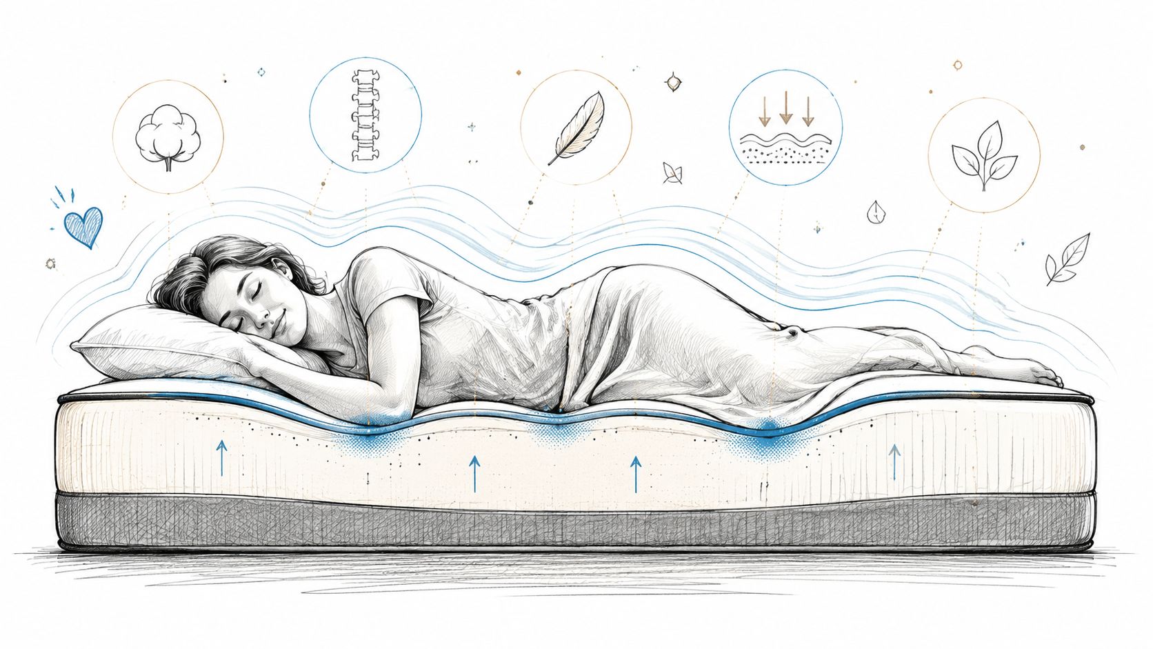 A line art illustration of a woman sleeping comfortably on a supportive memory foam mattress featuring infographic icons.