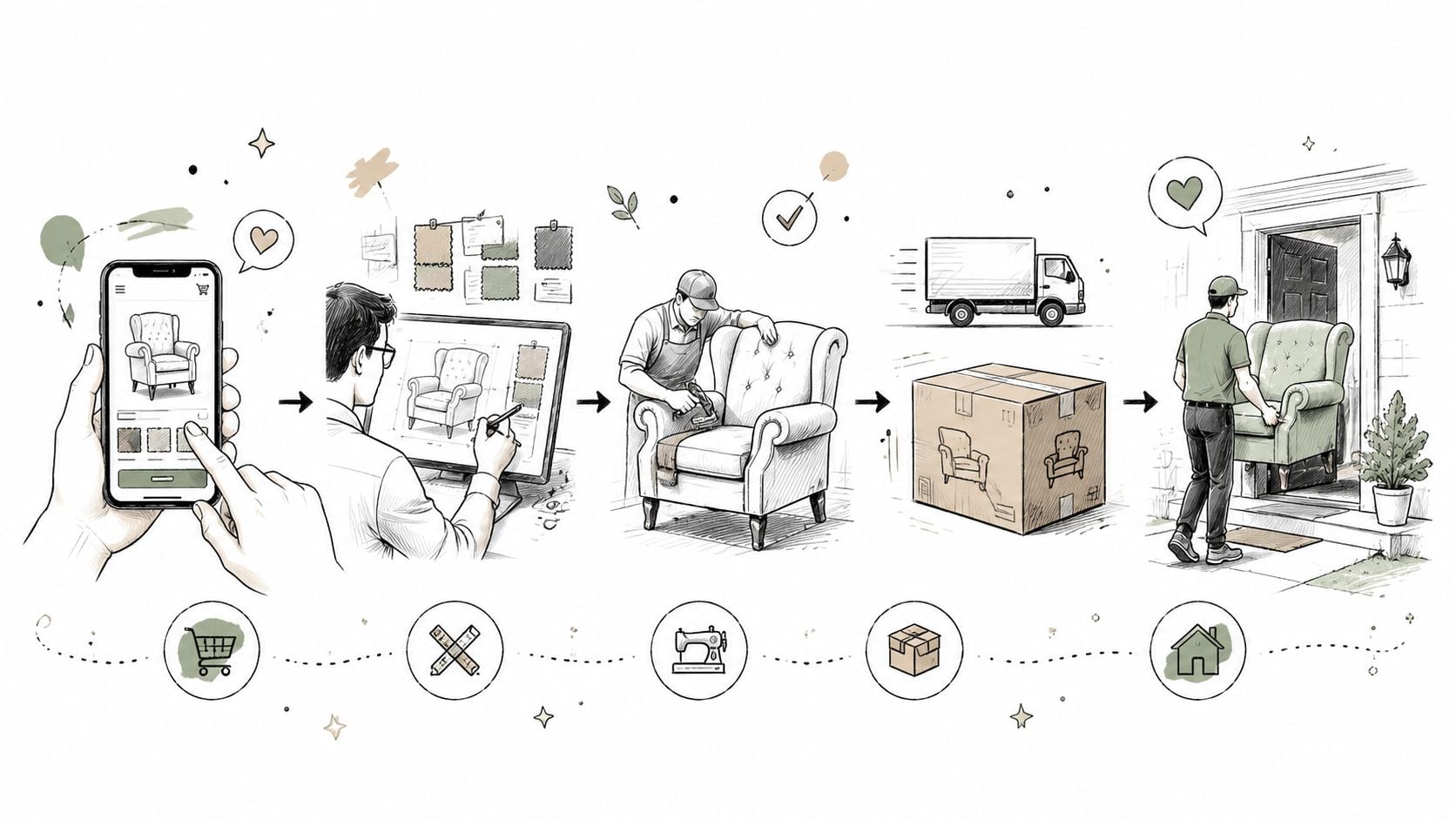 A custom furniture manufacturing process from online selection to home delivery and set up.