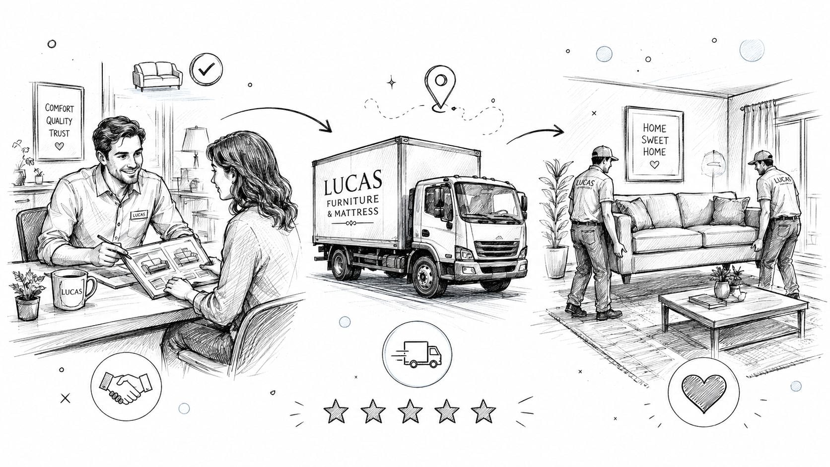 A sketch illustration showing the process of buying furniture from Lucas Furniture and Mattress, from selection to delivery.