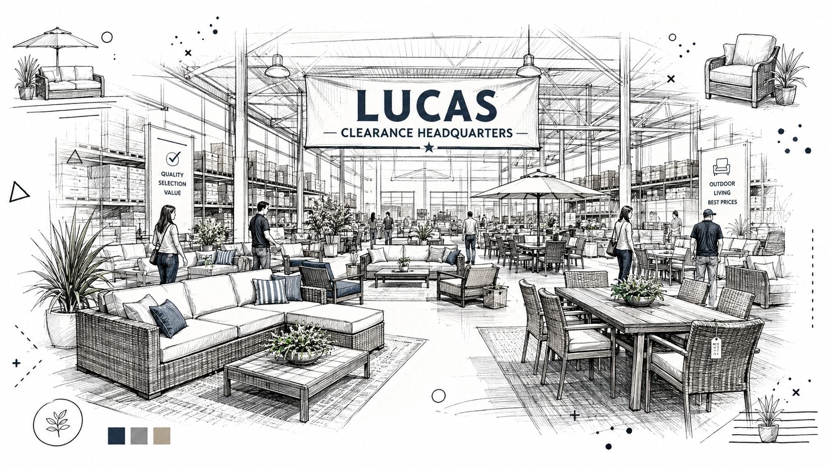 A detailed sketch of a large indoor showroom featuring an extensive collection of outdoor patio furniture sets.