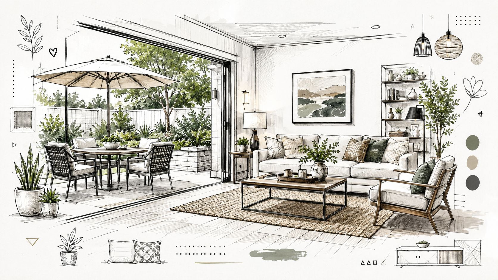 A sophisticated open-plan living room with seamless transition to a stylish outdoor patio dining space.