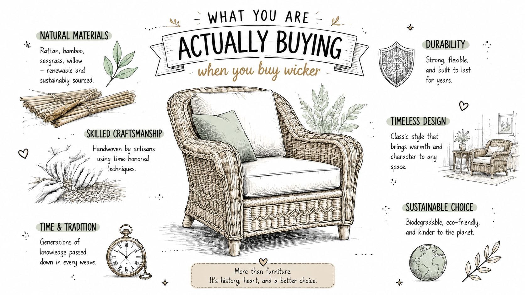 An infographic showing the benefits of buying wicker furniture, highlighting natural materials, craftsmanship, and sustainability.