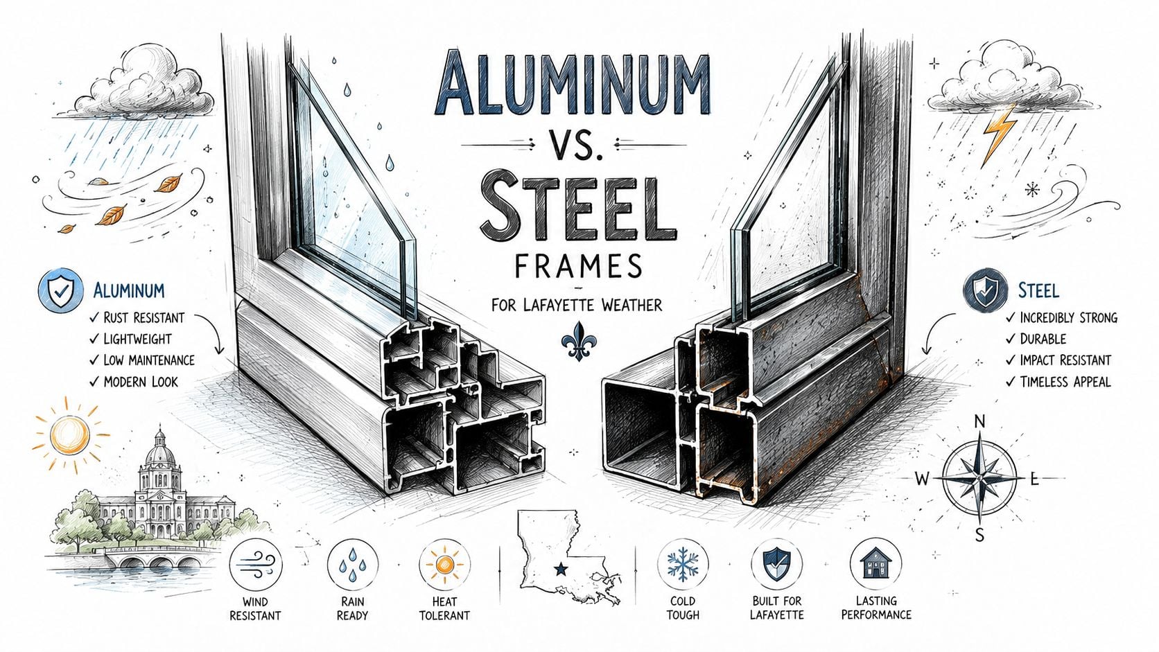 An infographic comparing aluminum and steel window frames for Lafayette weather, highlighting their durability and features.