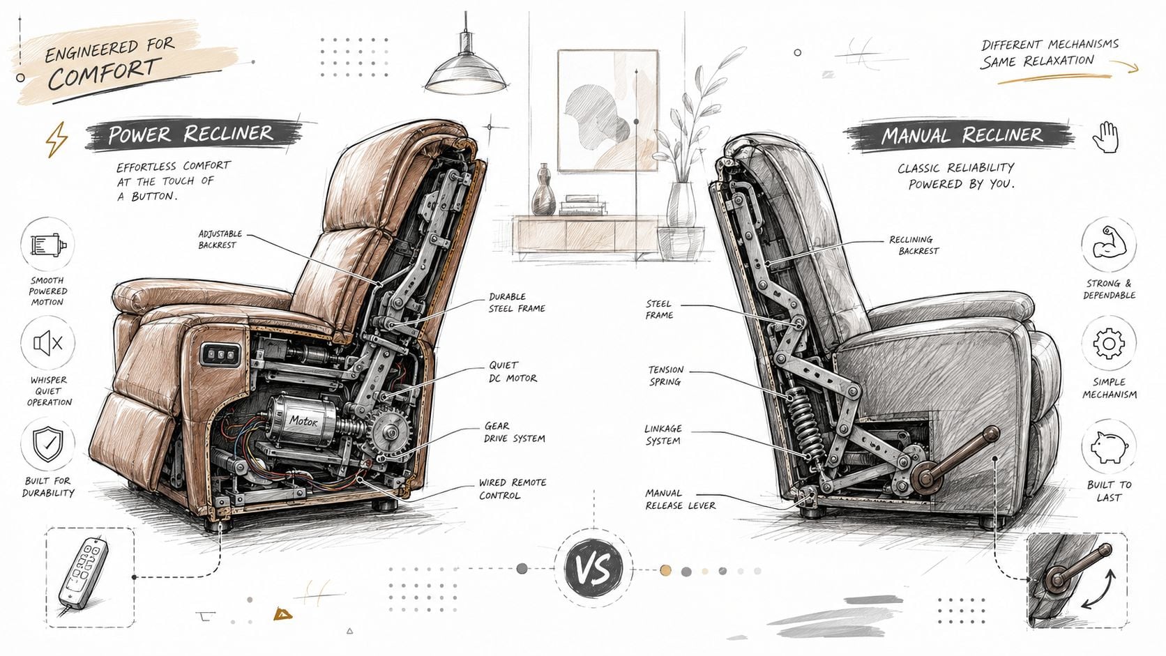 A detailed technical comparison illustration between a power recliner and a manual recliner showcasing their internal mechanisms.