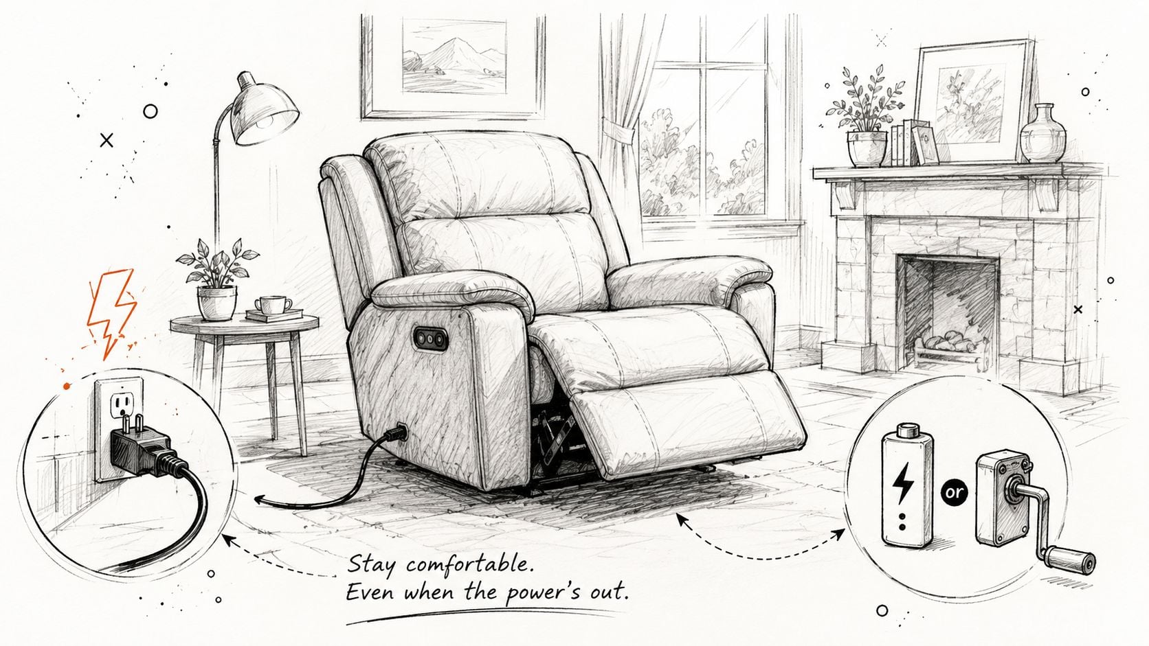 A line art drawing showing a power recliner with options to use a battery pack or hand crank.