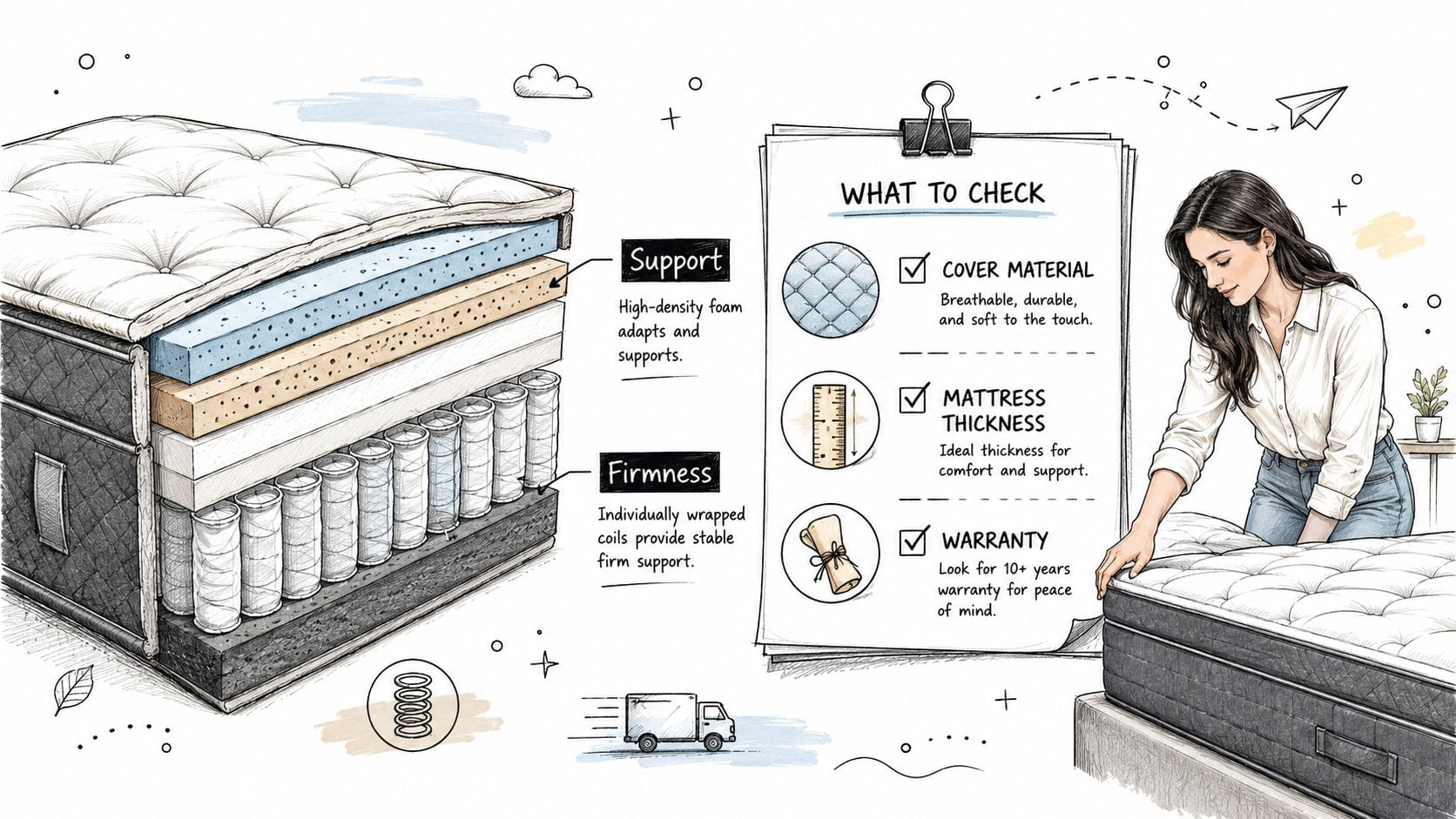 A diagram illustrating mattress components and features with a woman testing a comfortable pressure relief mattress.