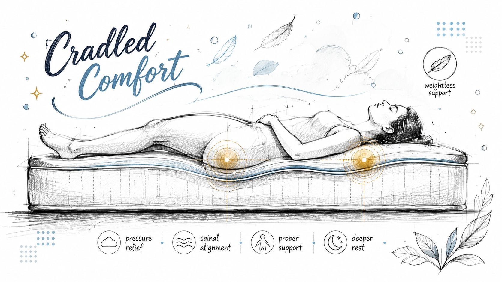 A pencil sketch of a person sleeping comfortably on a mattress highlighting spinal support and pressure relief.