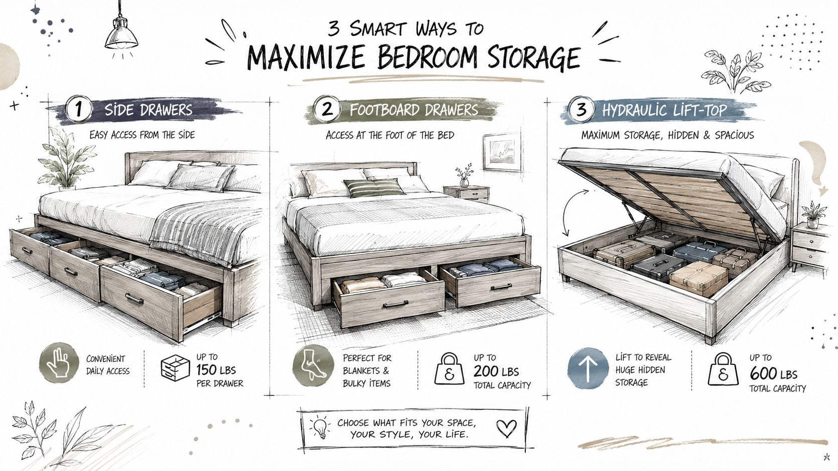 An infographic illustrating three smart ways to maximize bedroom storage with beds featuring drawers and lift-top mechanisms.