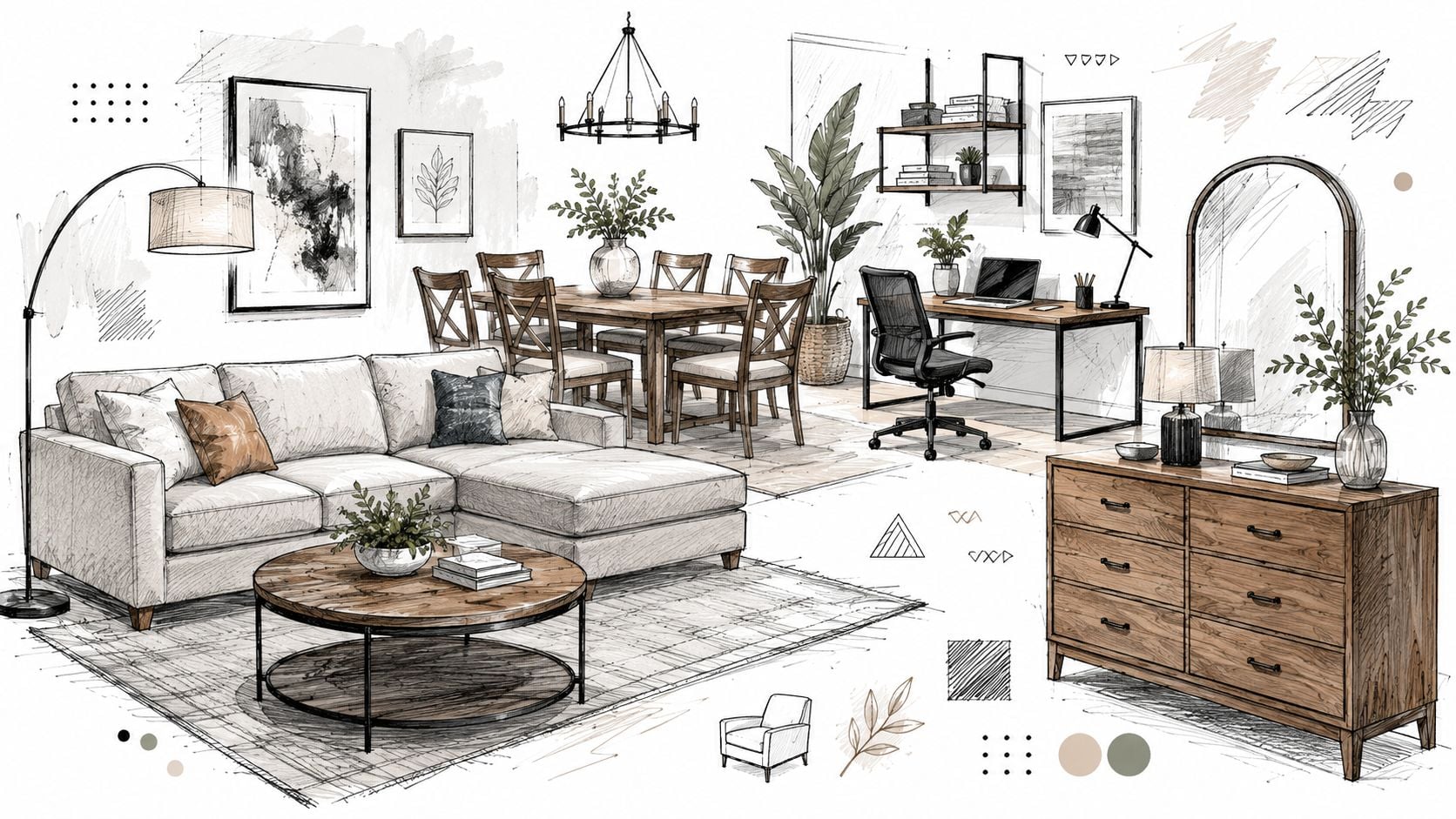 A stylish pencil sketch illustration of a modern living room interior with furniture and decor accessories.