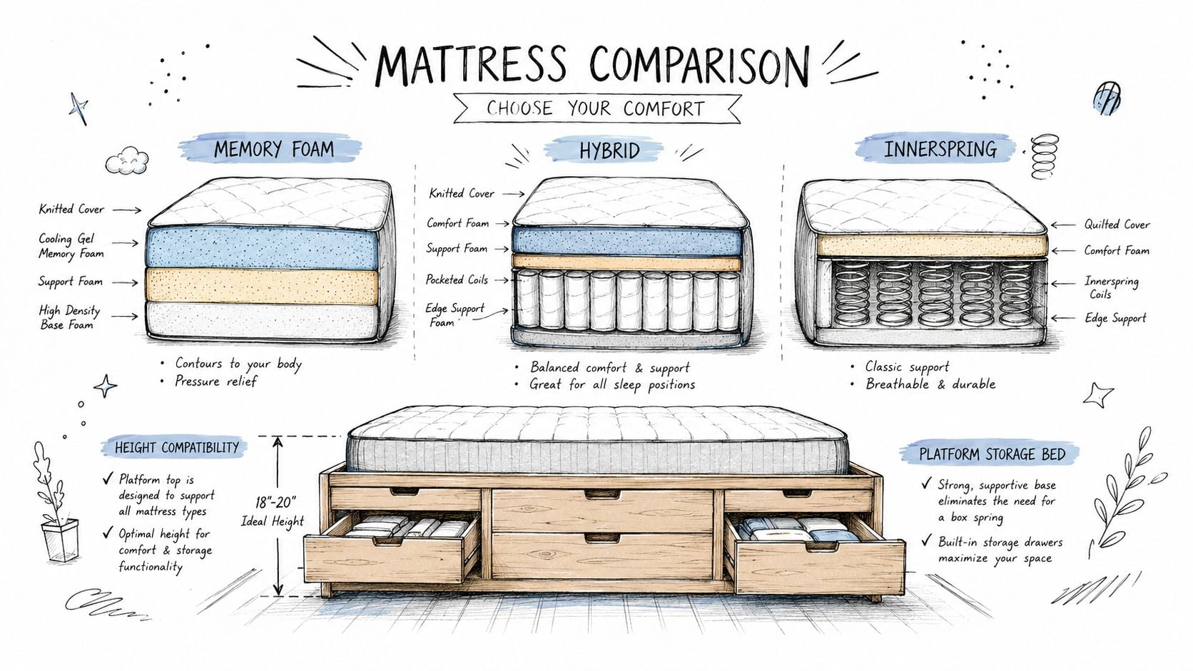 A mattress comparison guide showing features of memory foam, hybrid, and innerspring mattresses with a storage bed.