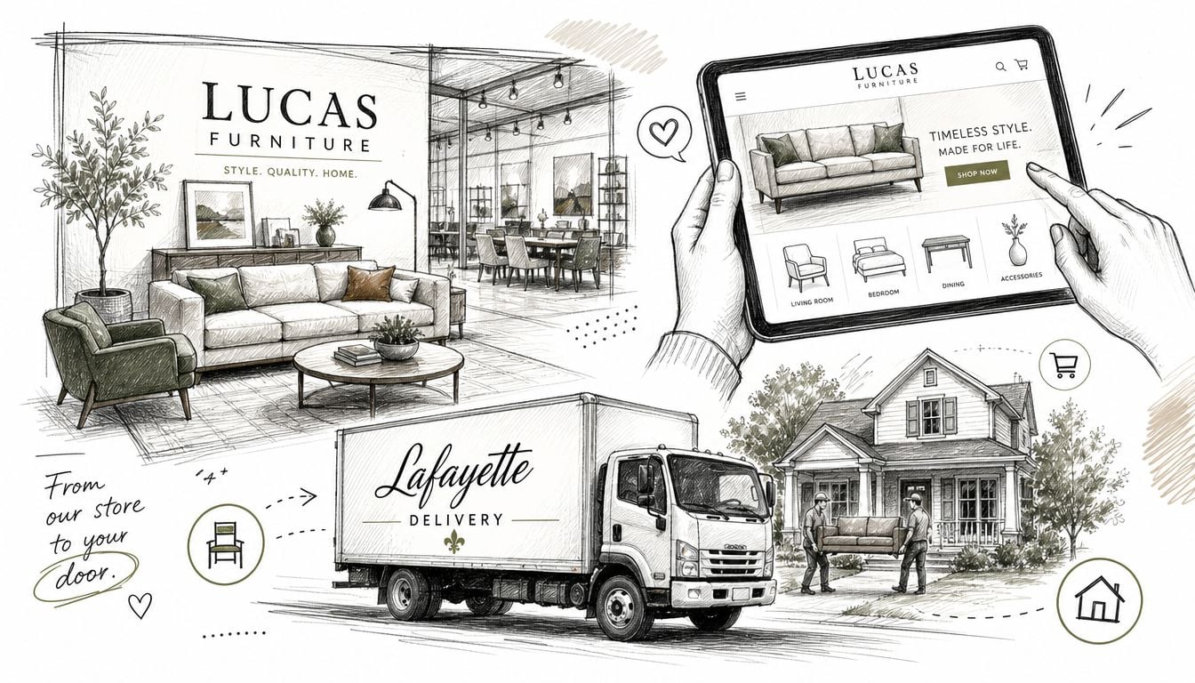 A conceptual sketch showing a furniture store, website ordering on a tablet, and home delivery services.