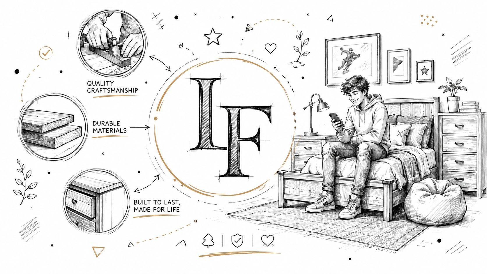 A teenage boy sitting on a wooden bed in his bedroom, surrounded by craftsmanship and furniture illustrations.
