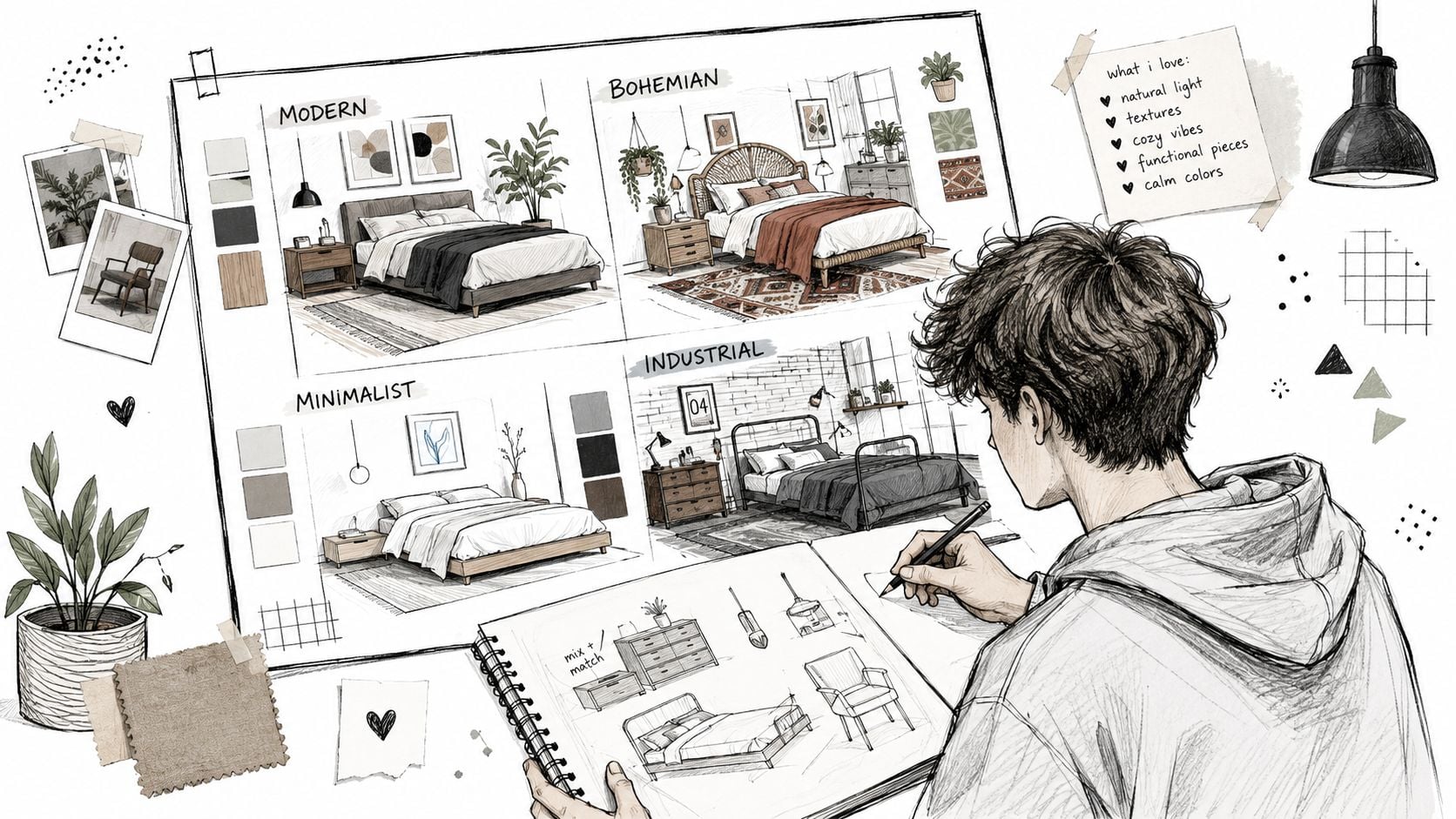 A young artist sketching various bedroom design styles including modern, bohemian, minimalist, and industrial themes in a notebook.
