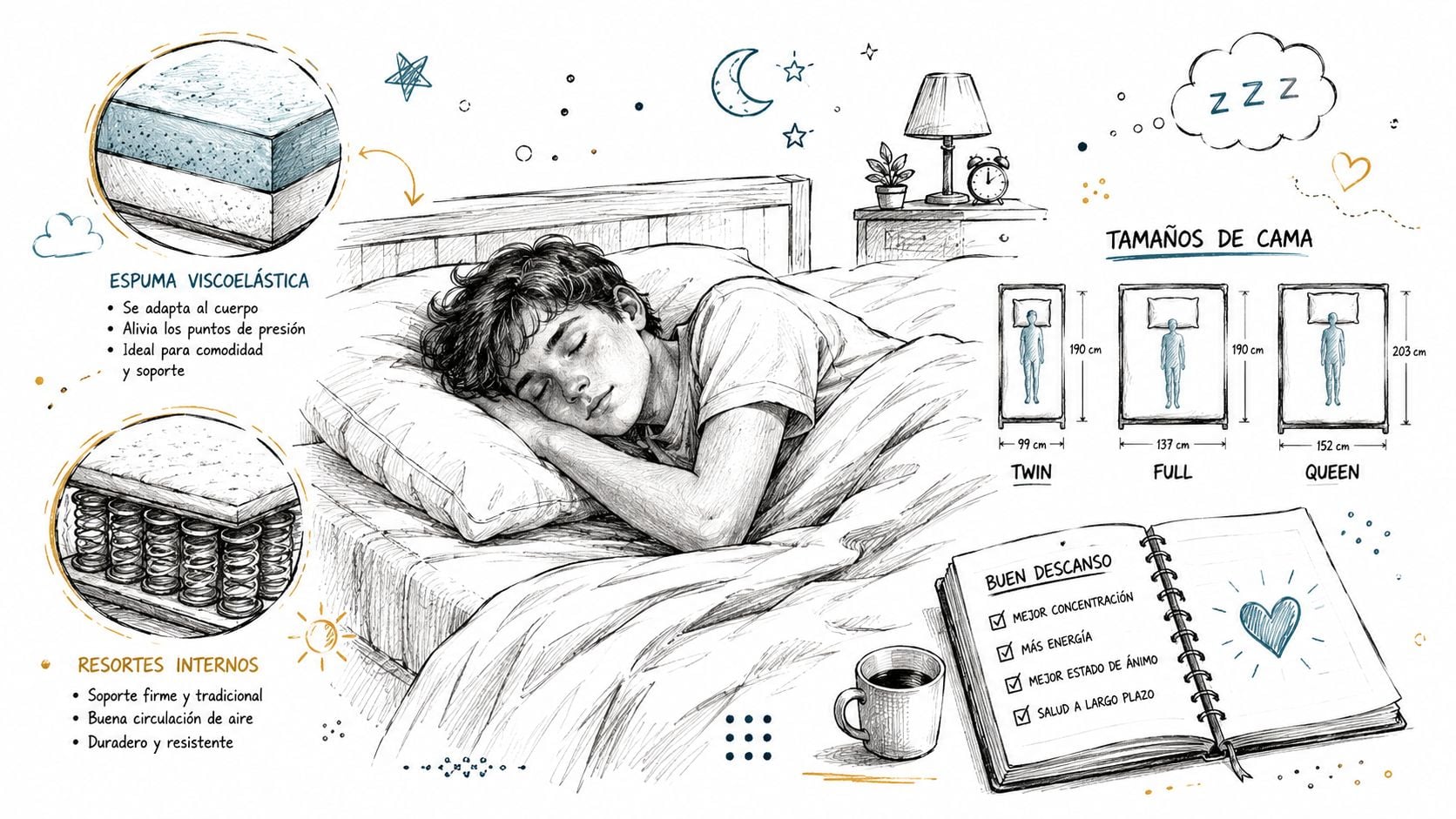 A hand-drawn illustration showing a teenager sleeping in bed with notes on mattress types and benefits.