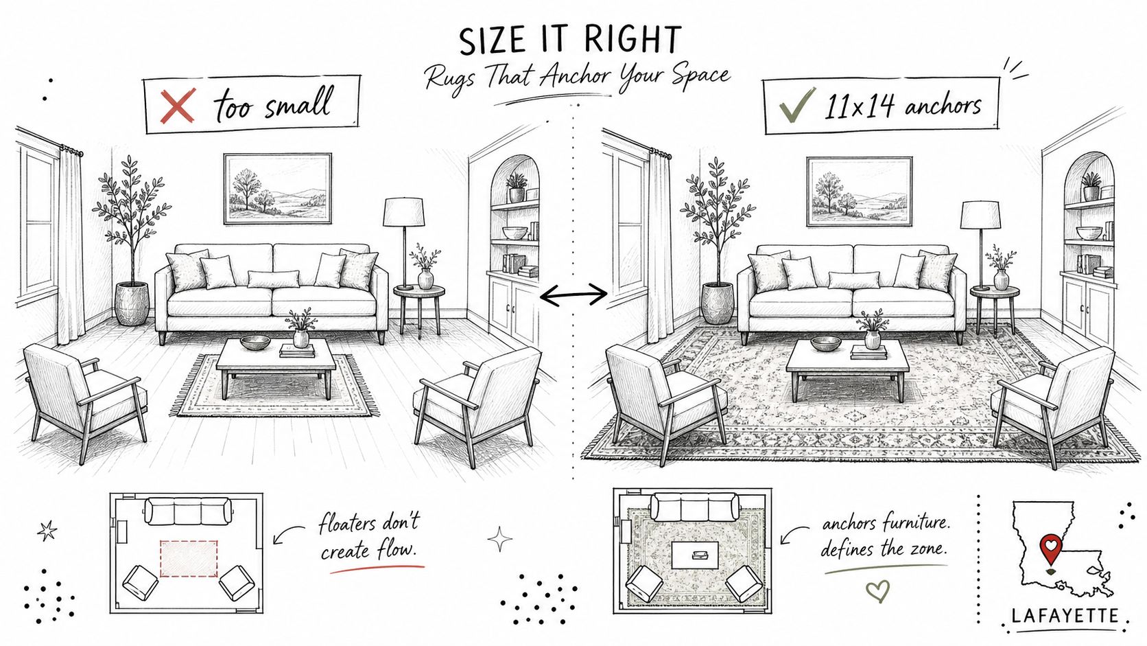 A line drawing comparison of living room rug sizes showing how an 11x14 rug properly anchors furniture.