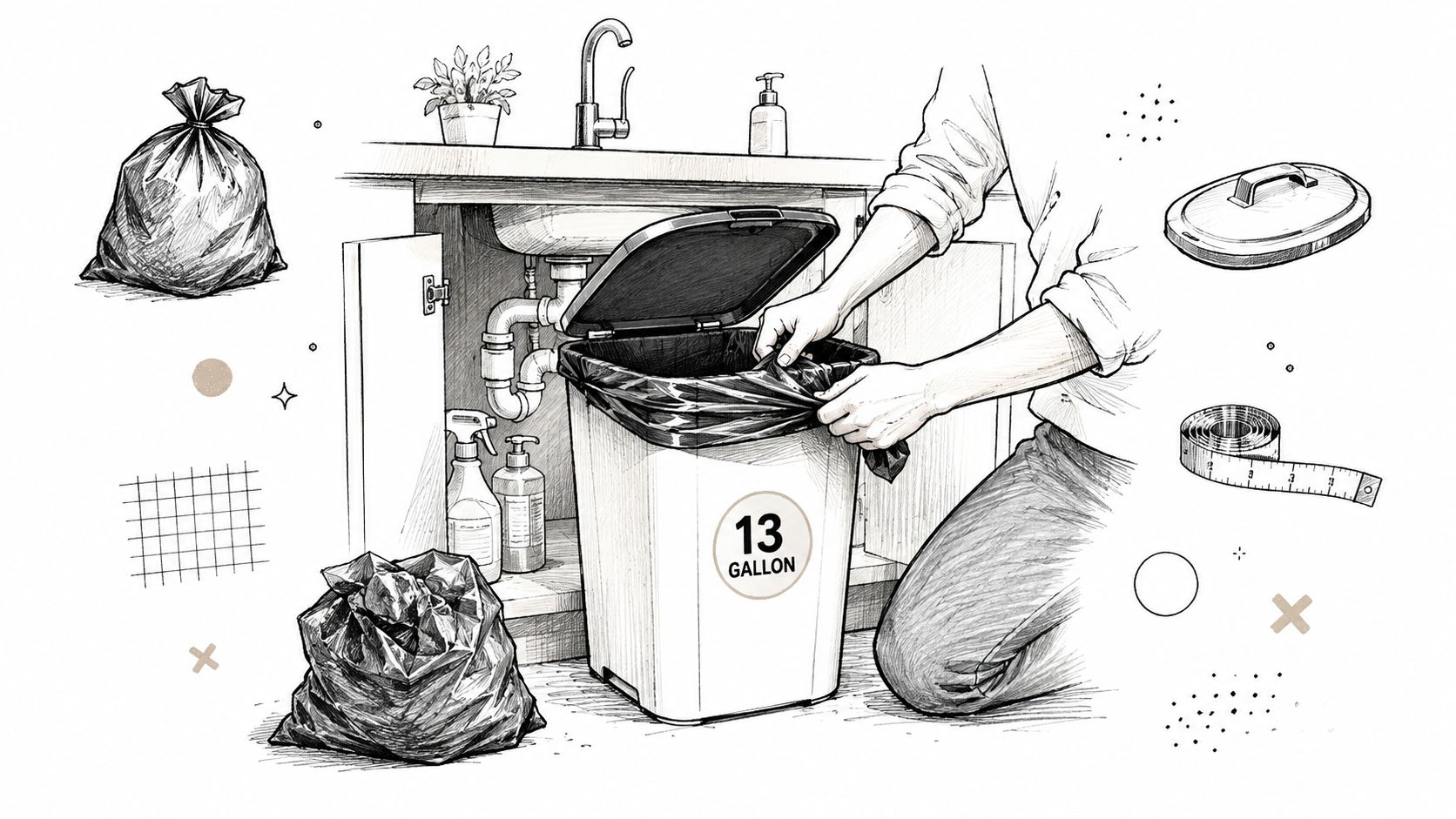 A person placing a trash bag into a white 13 gallon kitchen trash can under the sink.