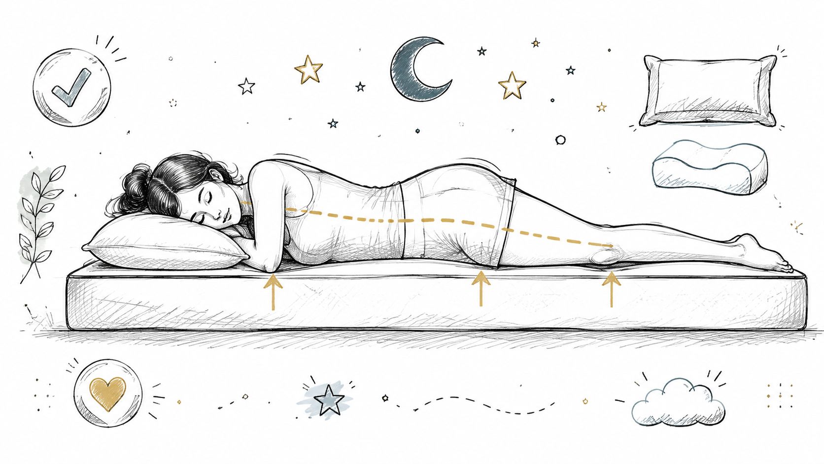 A line art illustration of a person sleeping sideways on a mattress with supportive alignment.