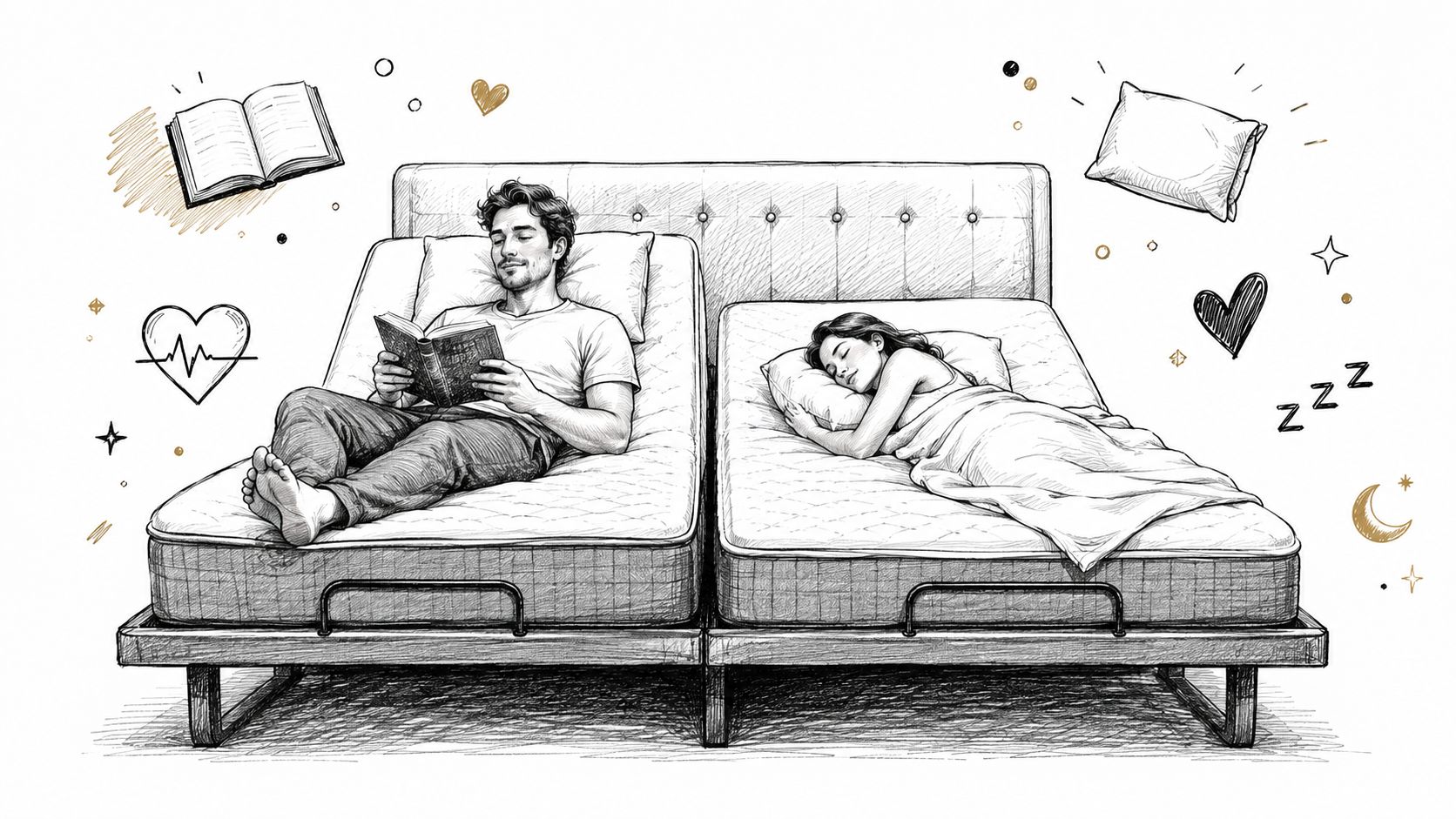 A couple relaxing on a split adjustable bed, with the man reading and the woman sleeping peacefully.