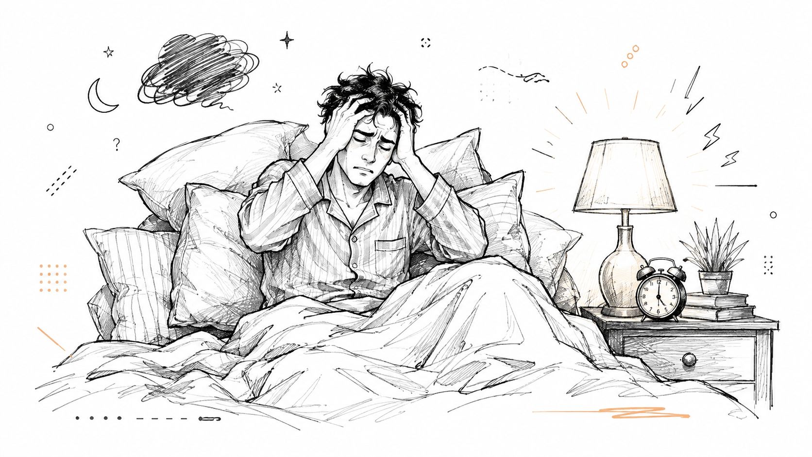 A man in pajamas sitting in bed with hands on his head, showing signs of insomnia and distress.