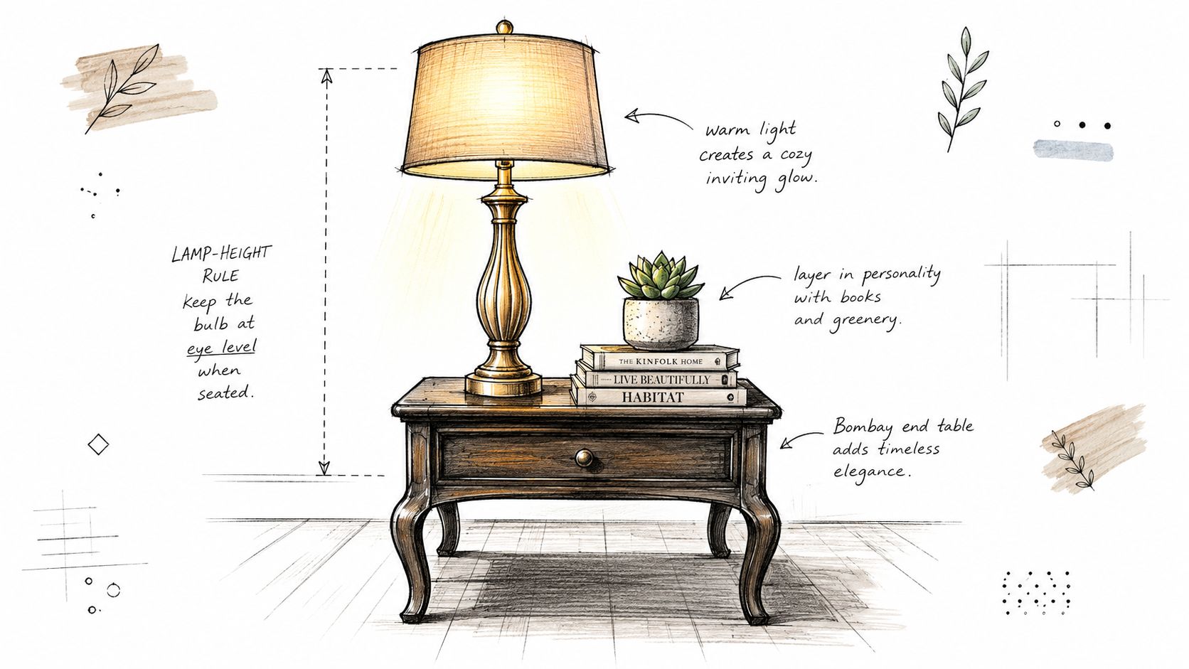 A decorative sketch showing a Bombay end table with a lamp, books, and a small succulent plant.