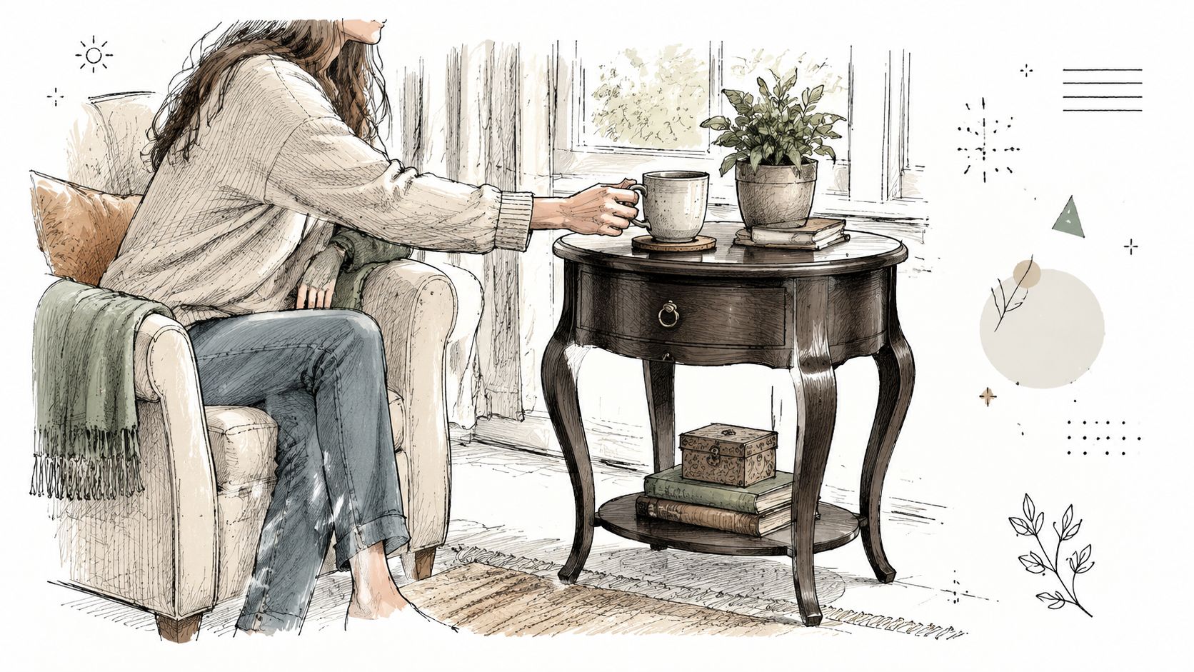 A woman sits in a comfortable chair next to an elegant wooden Bombay end table with books.