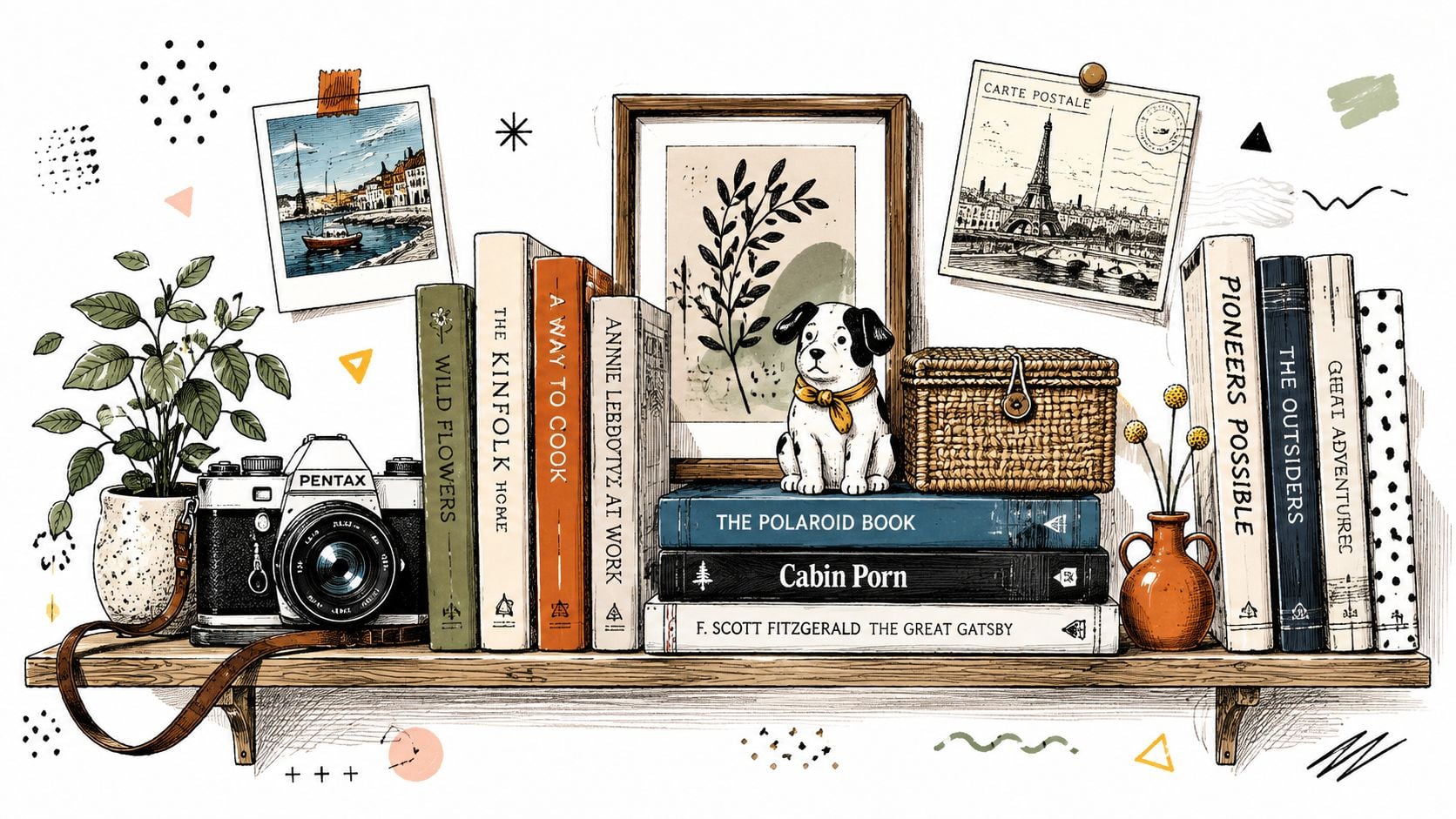 A hand-drawn illustration of a decorative bookshelf featuring a camera, books, a small dog figurine, and plants.