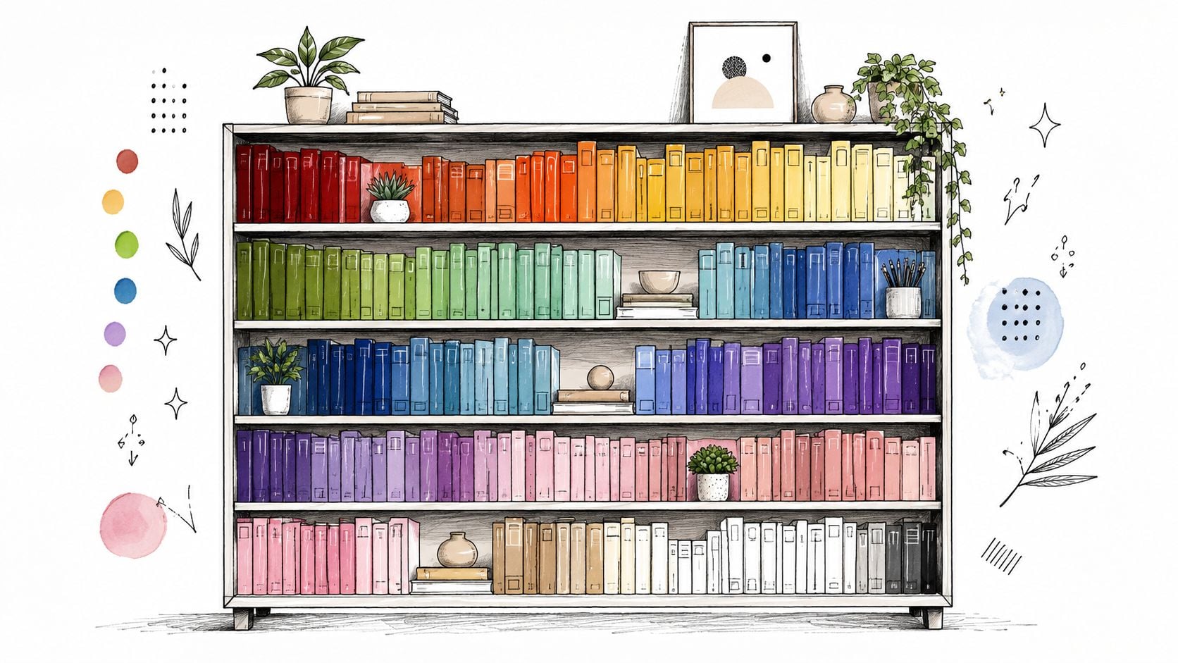A digital illustration of a tall, modern bookshelf organized with books in a beautiful rainbow color gradient.
