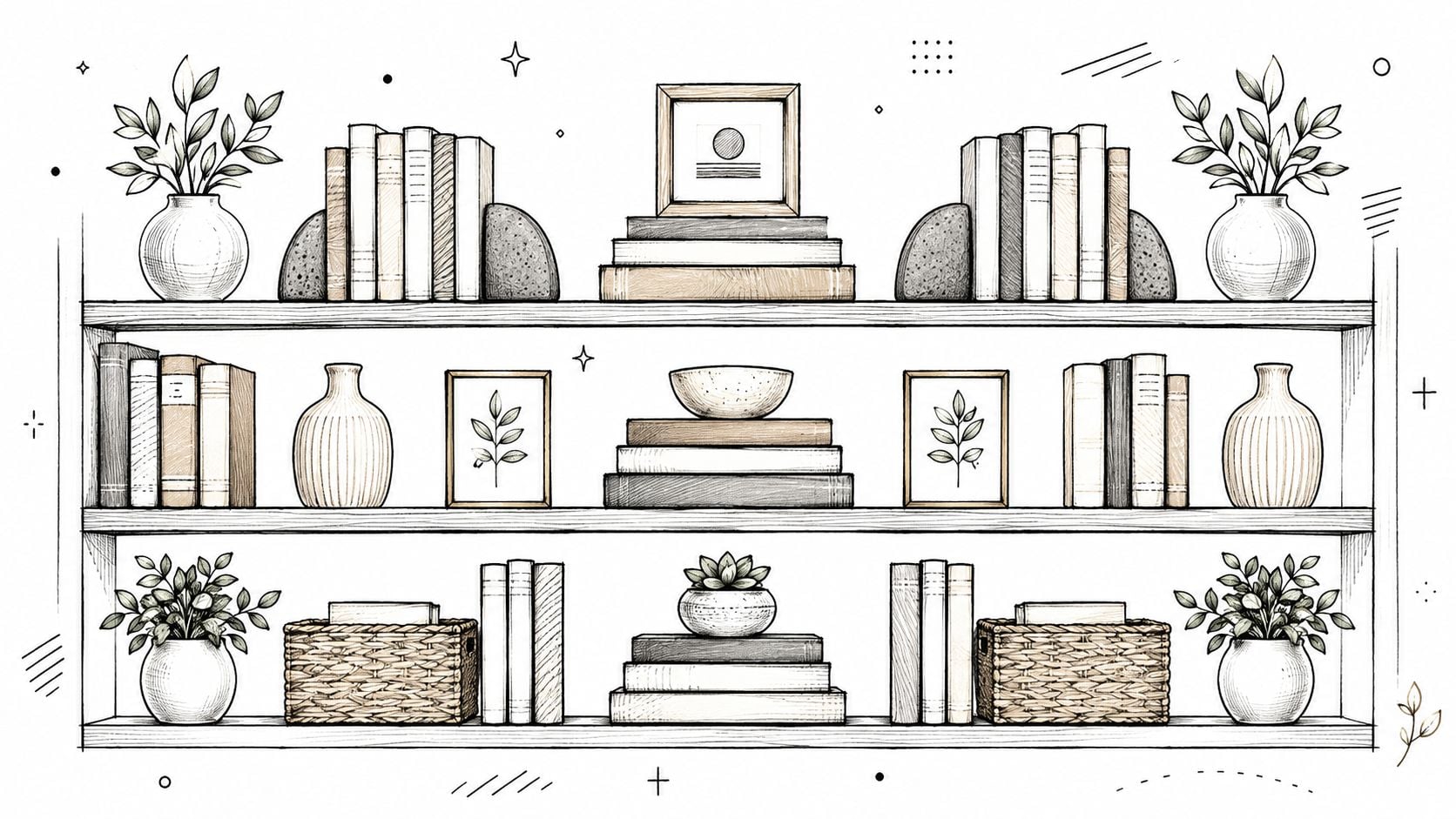 A hand-drawn illustration of a three-tier wooden bookshelf styled with books, decorative vases, plants, and frames.