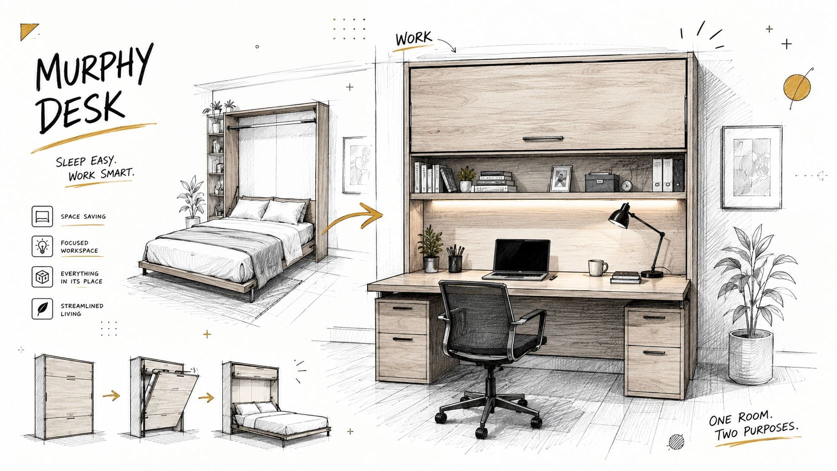 A pencil-style illustration showing a Murphy desk that transforms from a workspace into a cozy bed.