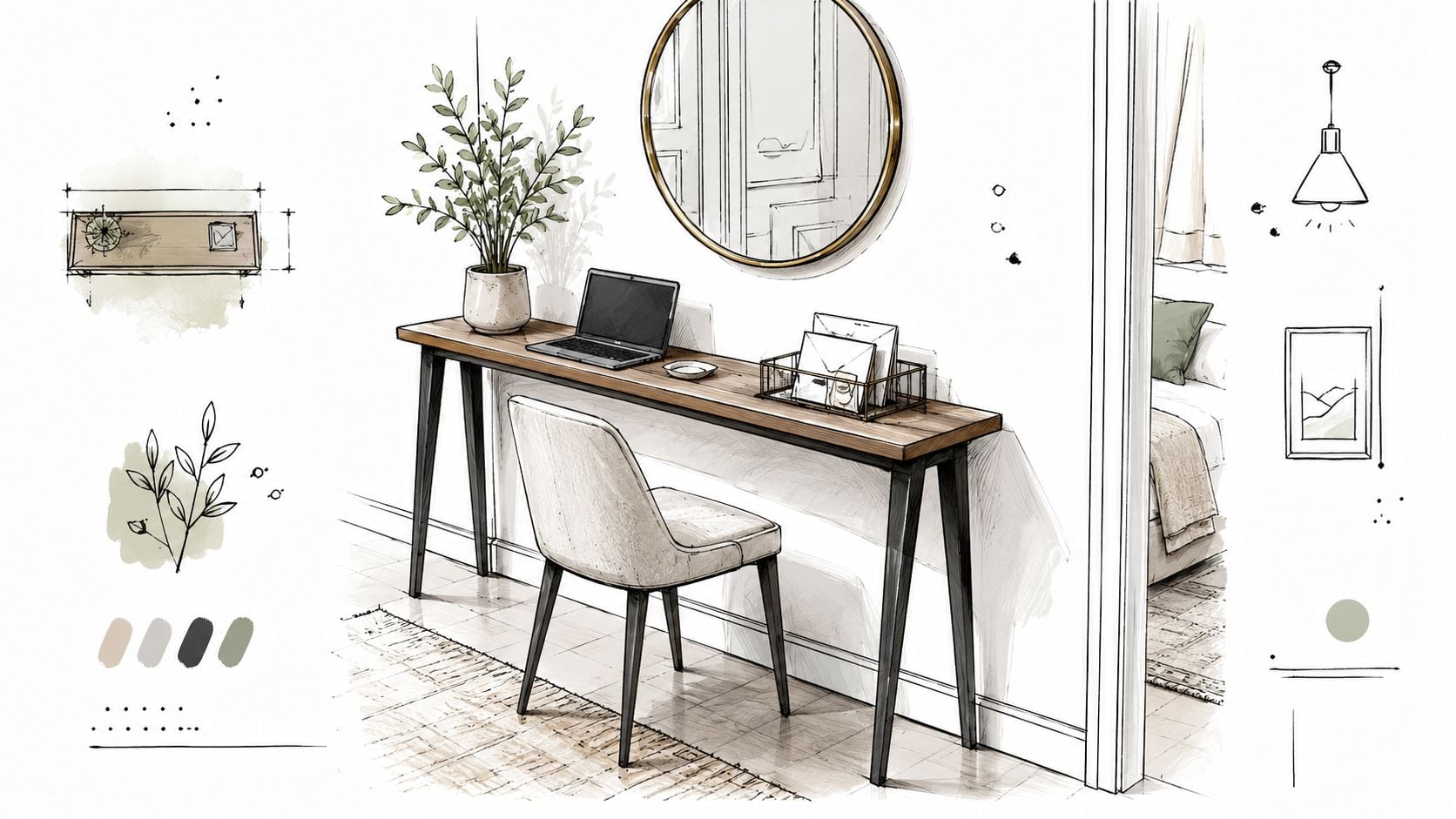 A modern, minimalist workspace sketch featuring a wooden console desk, a laptop, and a circular wall mirror.