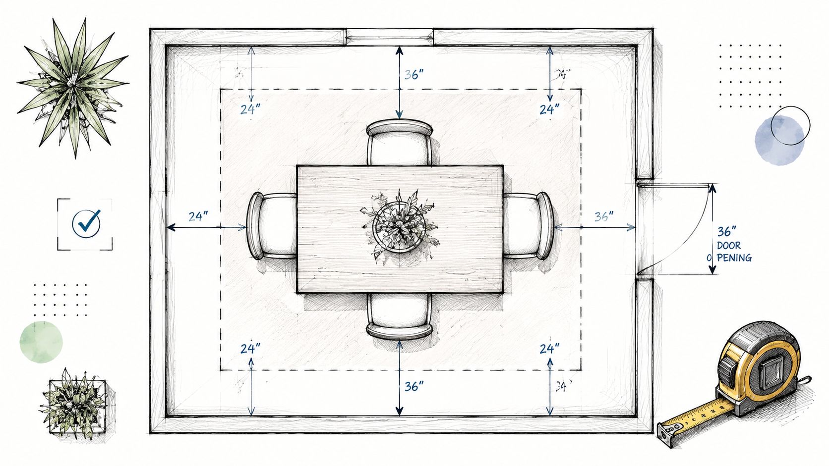 A top-down architectural floor plan illustration showing recommended clearance measurements for a dining room table and chairs.