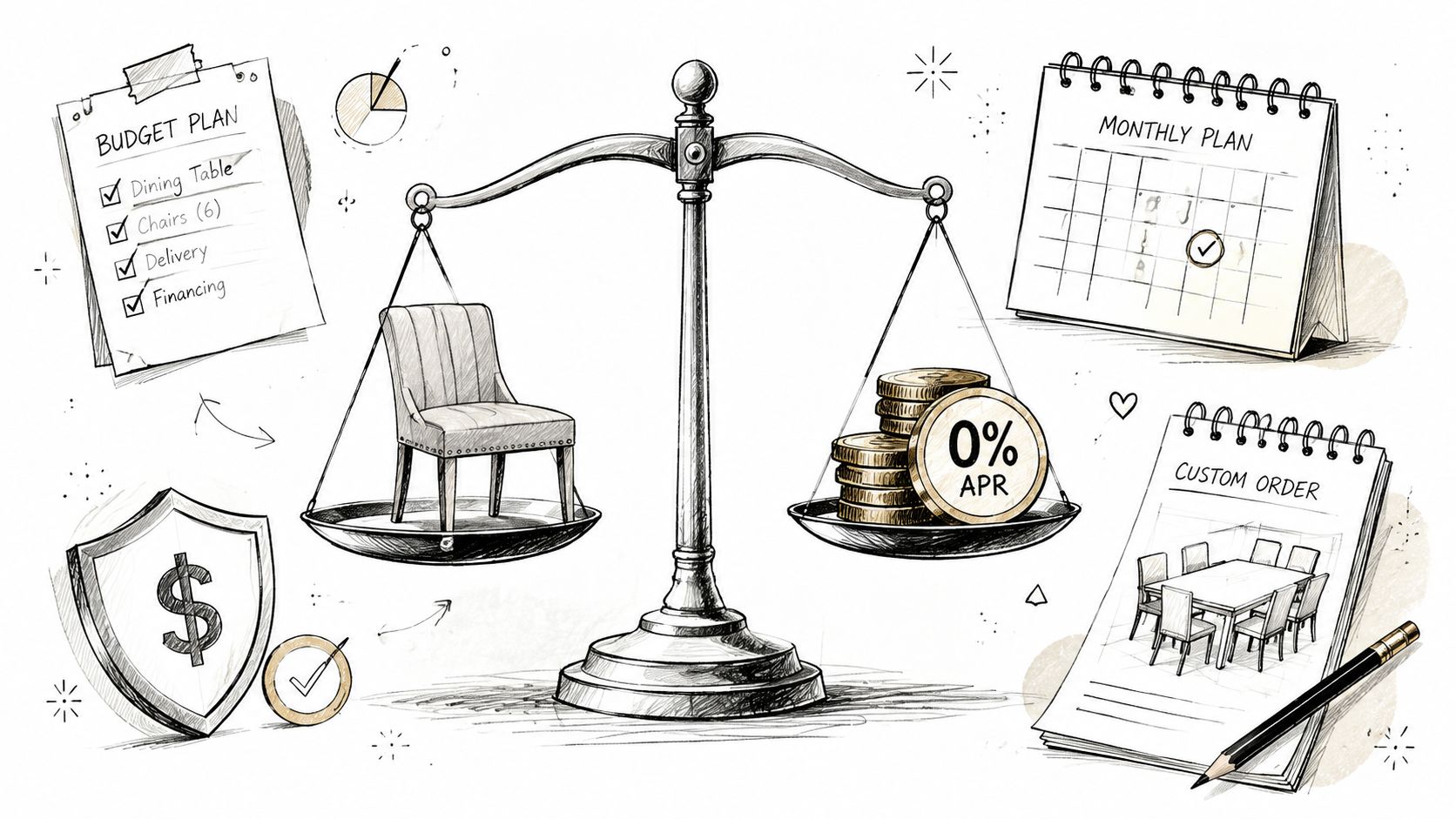 A conceptual illustration showing furniture balancing against money and zero percent financing options for budget planning.