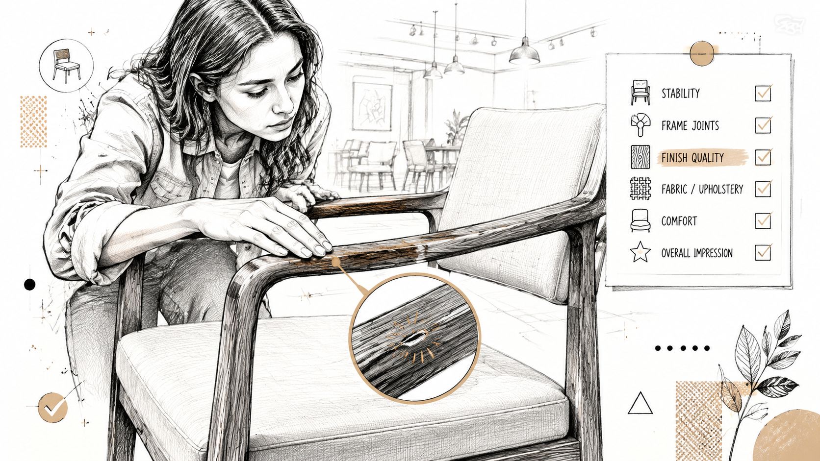 A woman inspecting the quality of a wooden chair armrest with a zoomed-in focus on a surface defect.