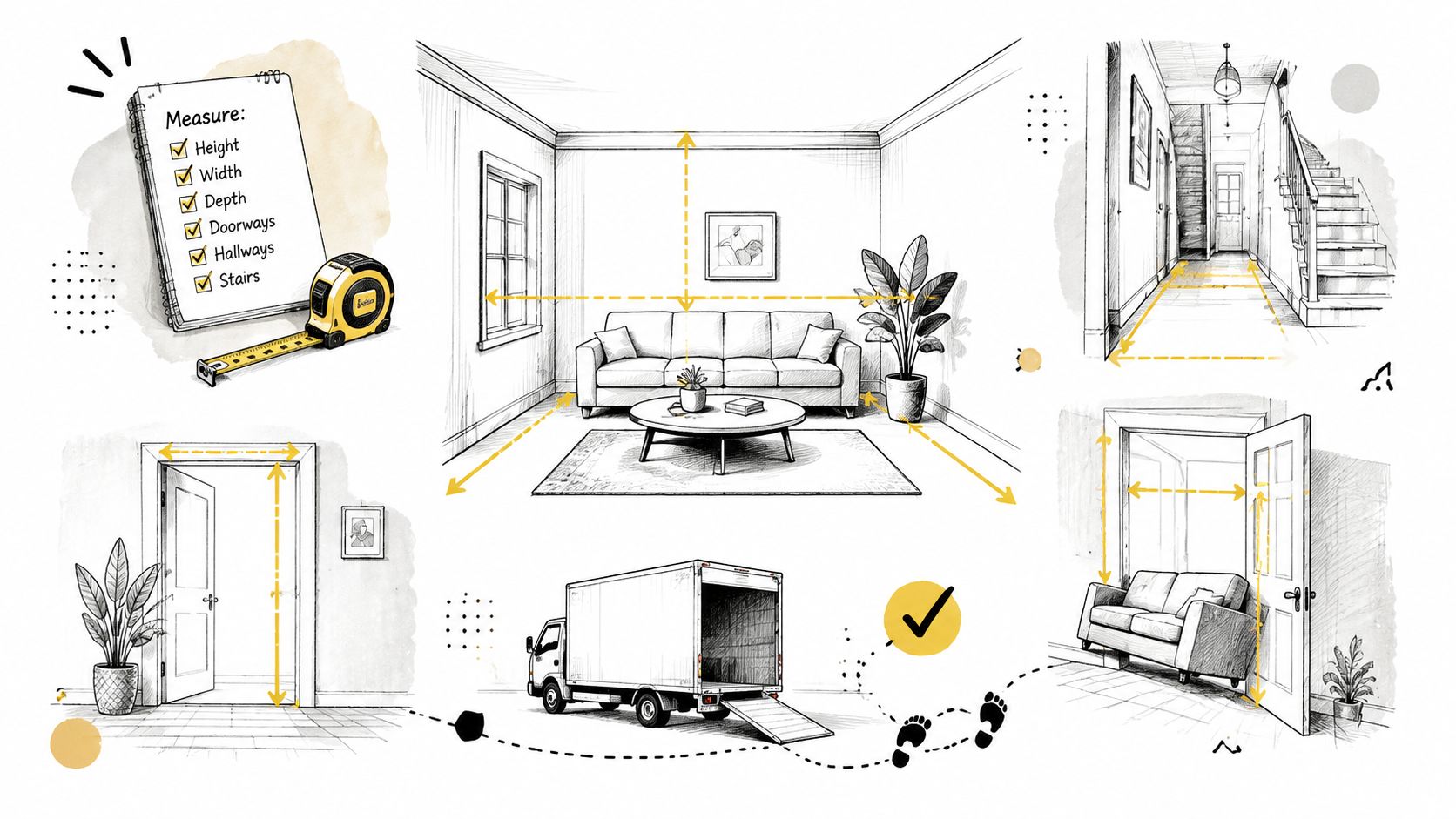 A hand-drawn illustration demonstrating how to measure doorways, stairways, and furniture for moving large items.