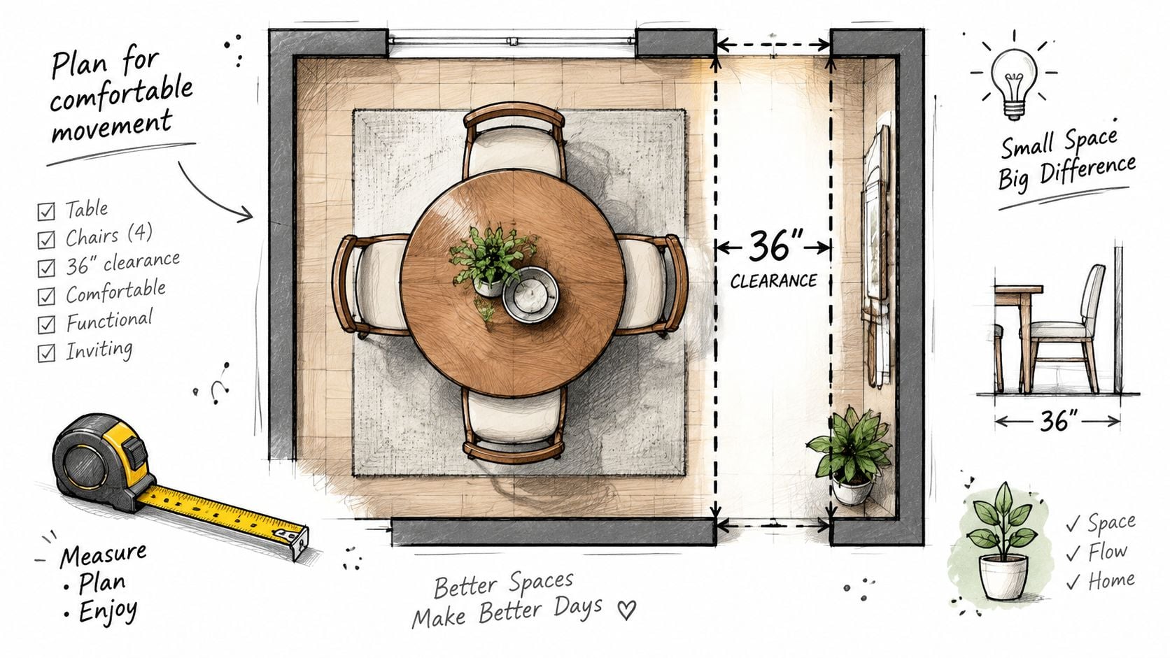 A hand-drawn floor plan illustrating 36-inch clearance guidelines for a small dining area with a circular table.