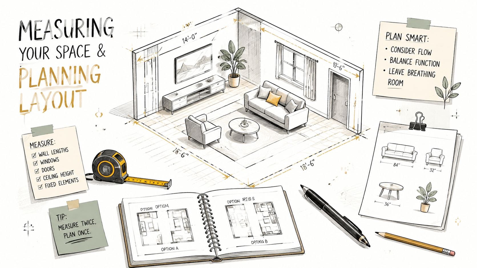 A hand-drawn illustration showing a living room layout plan, a tape measure, and furniture measurement notes.