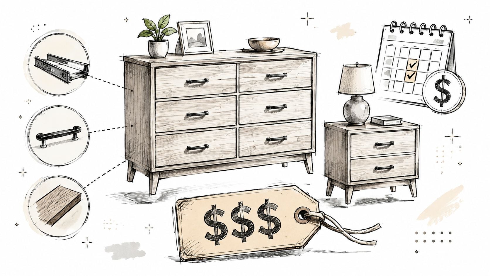 A pencil sketch of a wooden dresser and nightstand set highlighting furniture hardware components and pricing.