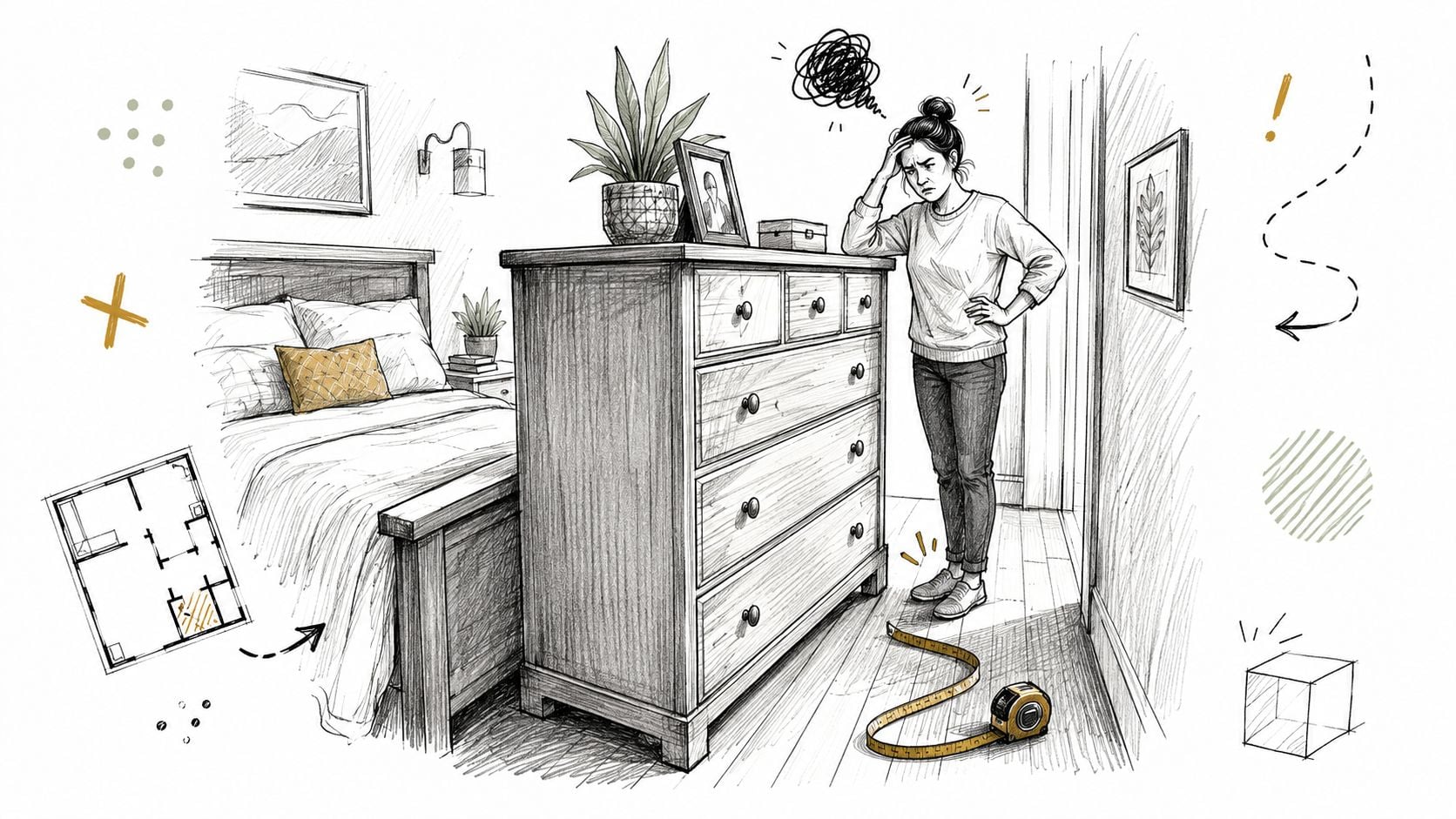 A frustrated woman measuring space next to a dresser in a bedroom with a floor plan.