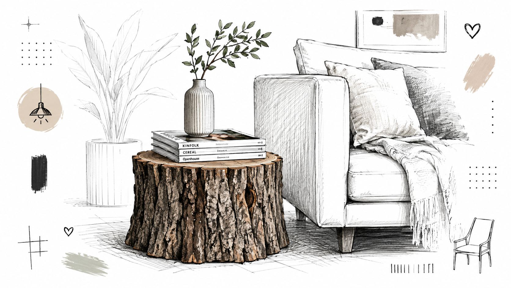 A detailed pencil sketch featuring a rustic tree stump coffee table, a white vase, and a sofa.